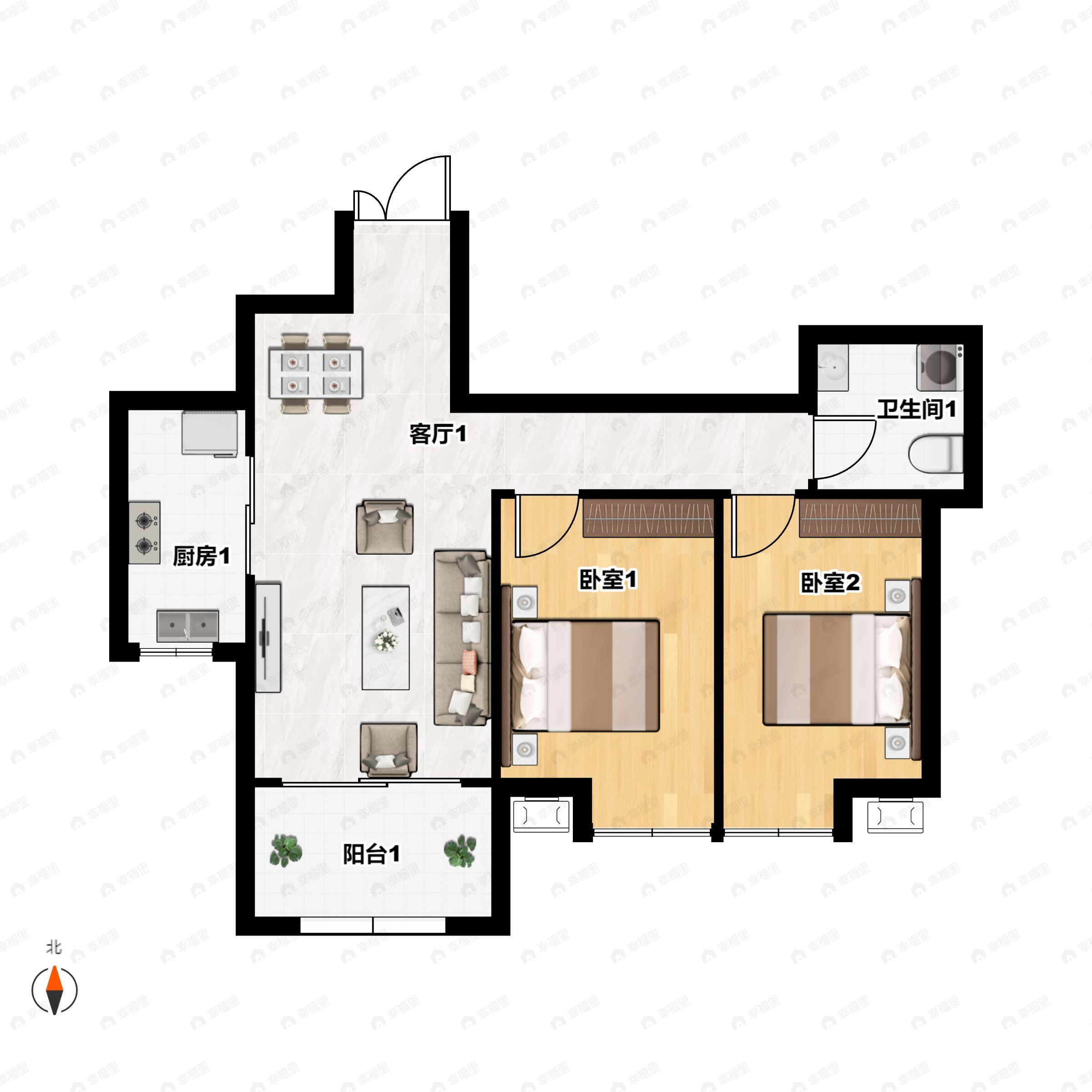 2室1厅1卫建面80m²南户型图