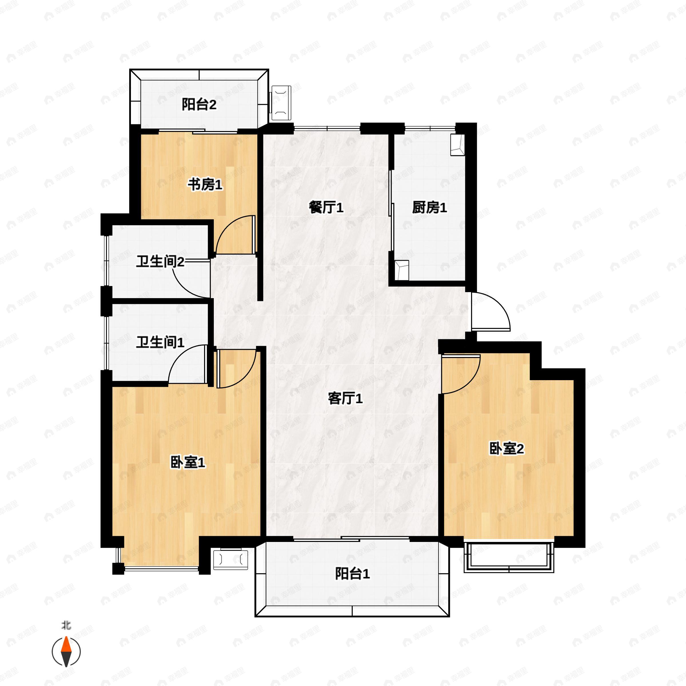 3室2厅2卫建面108m²南户型图