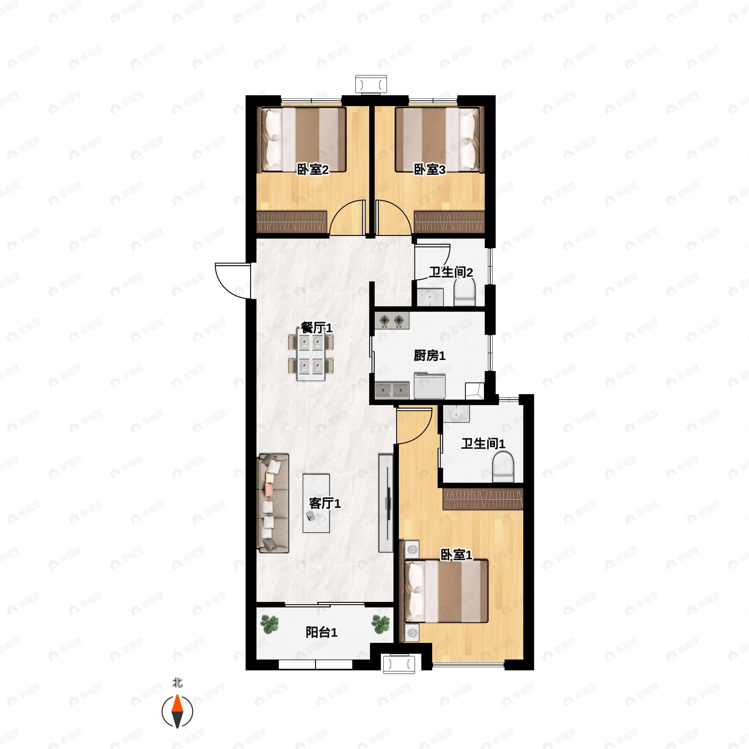 3室2厅2卫建面117m²北|南户型图