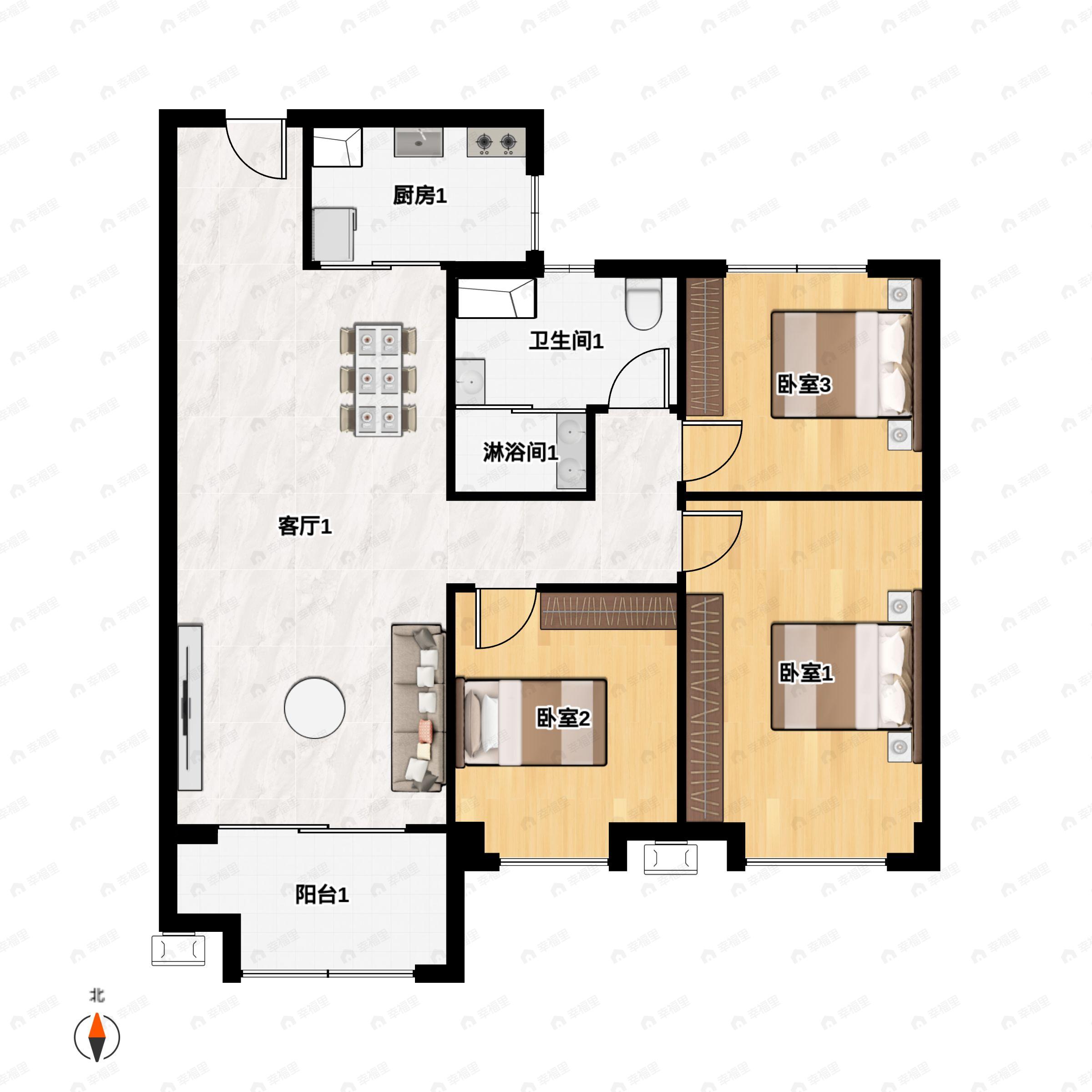 3室2厅1卫建面106m²南|北户型图