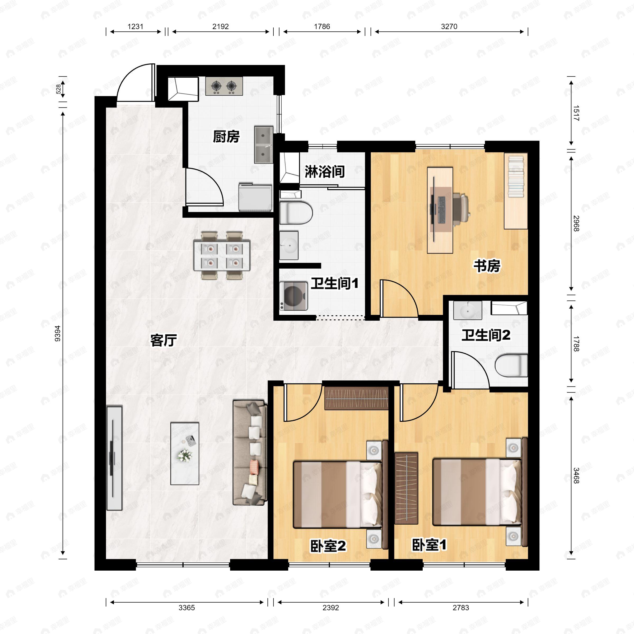 3室2厅2卫建面101平南|北户型图