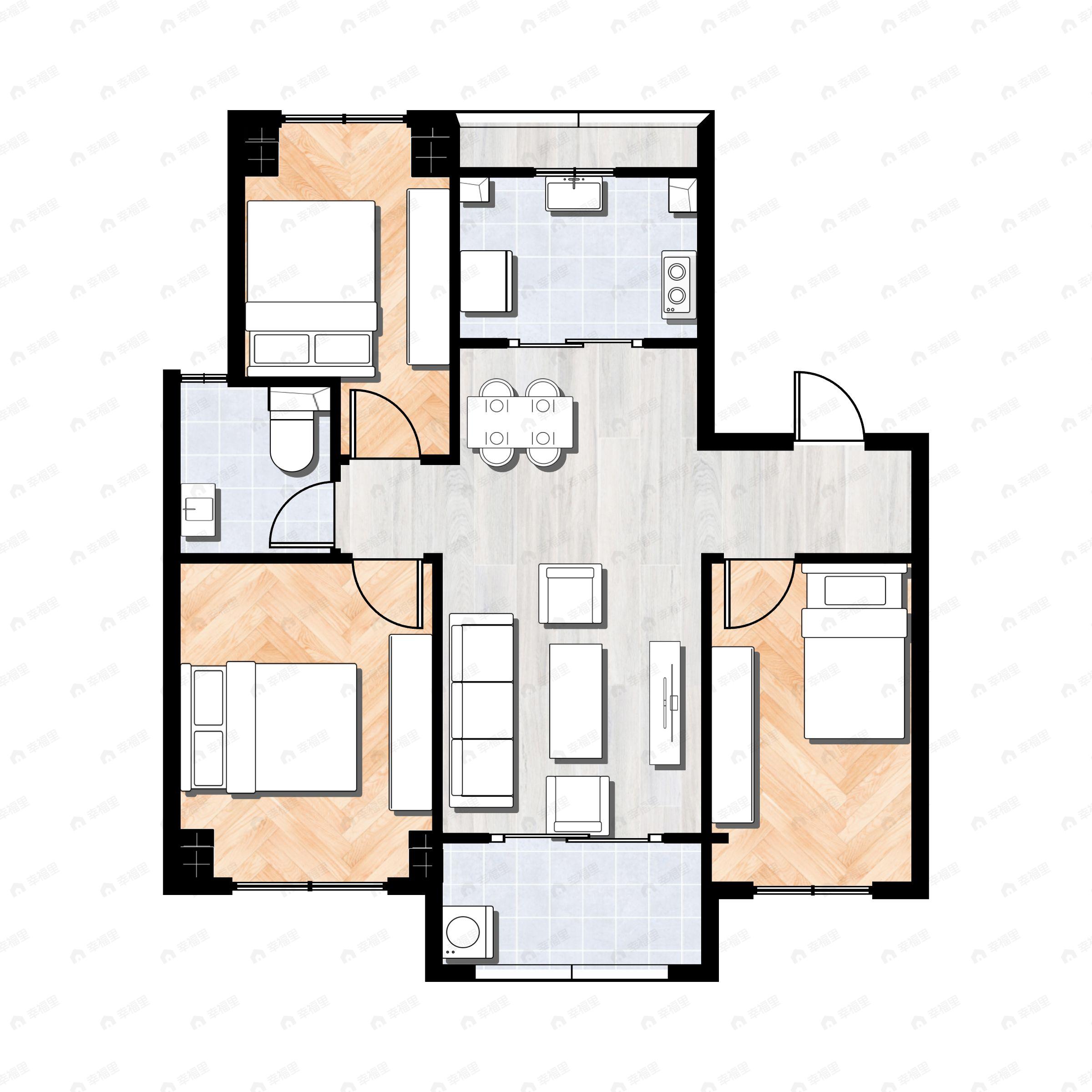3室2厅1卫建面91m²南户型图
