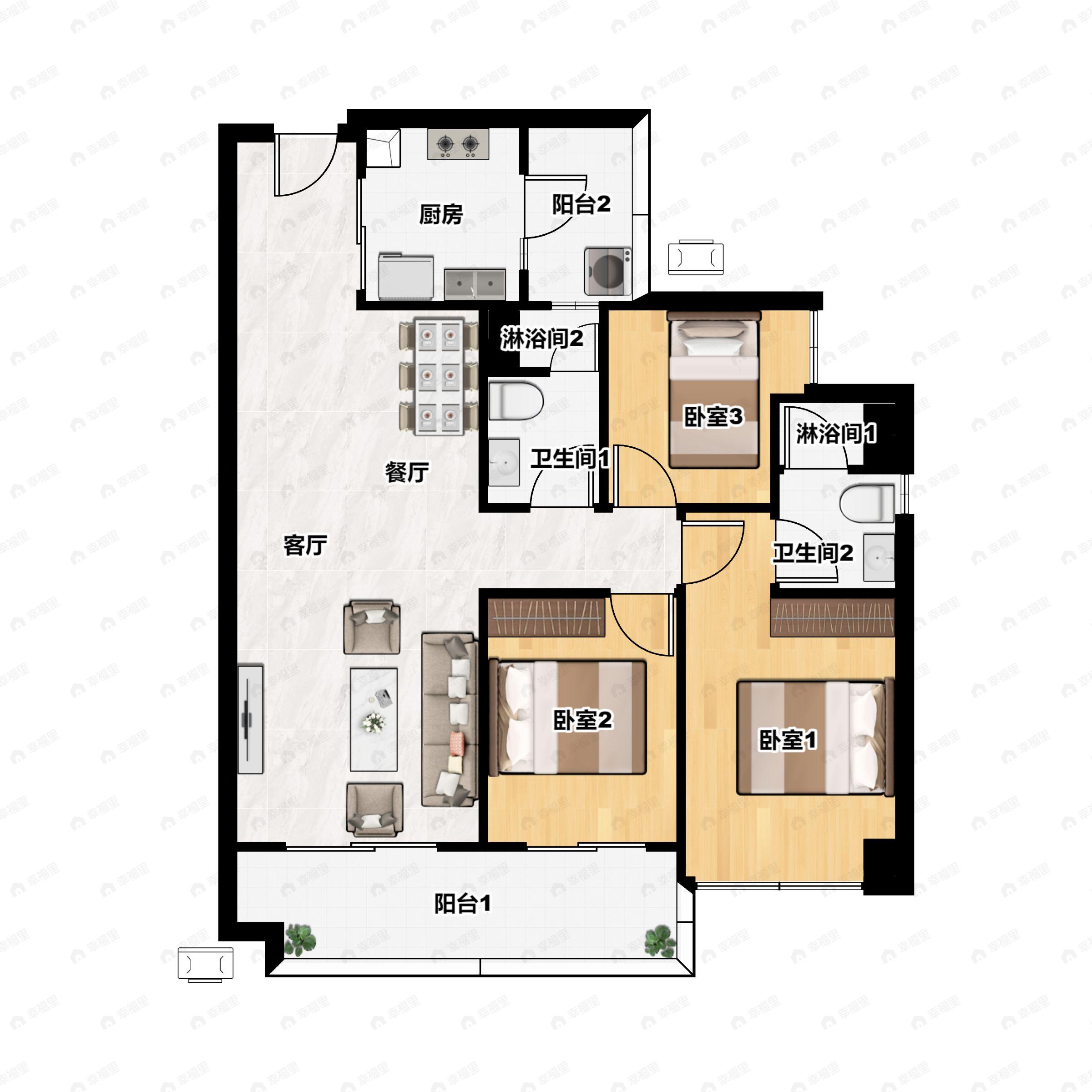 3室2厅2卫建面102平户型图