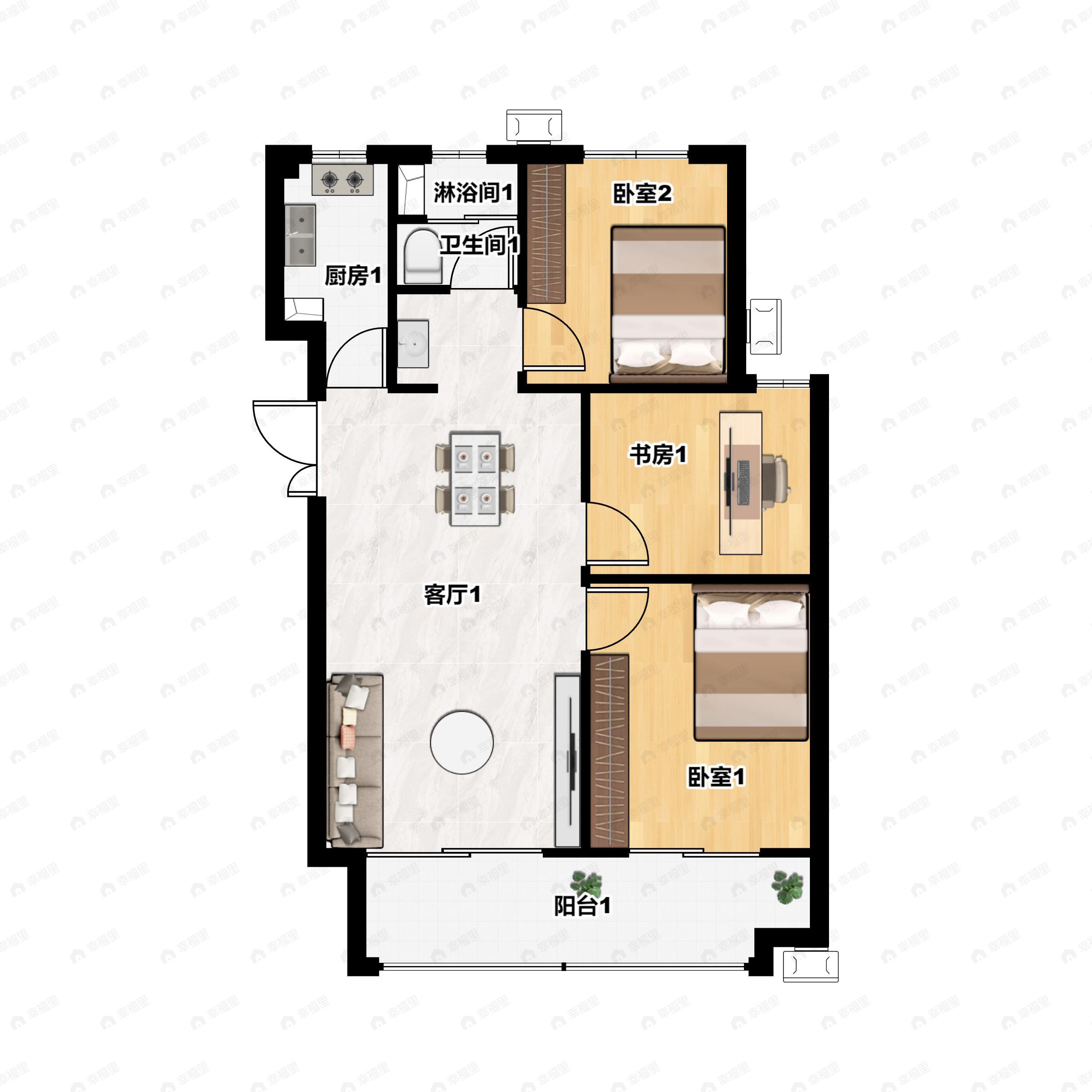 3室2厅1卫建面102平户型图