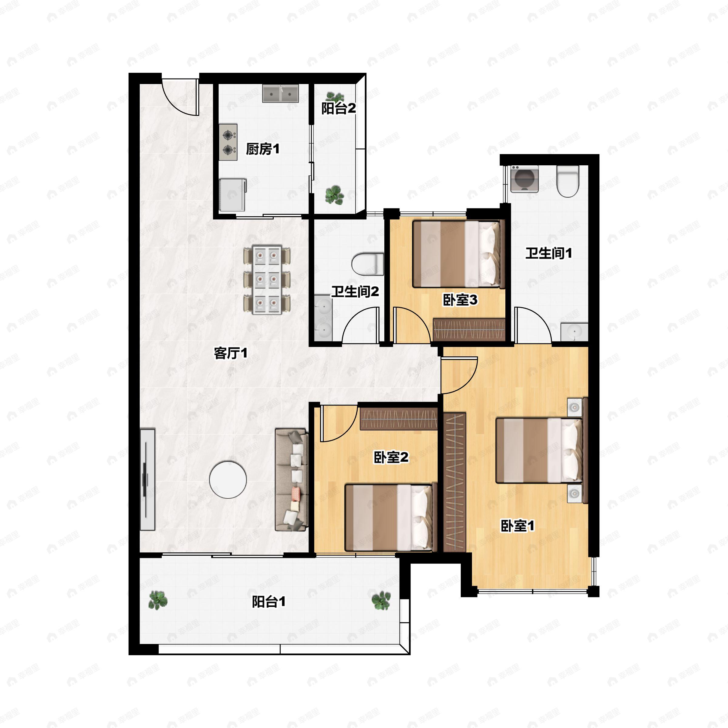 3室2厅2卫建面101平户型图