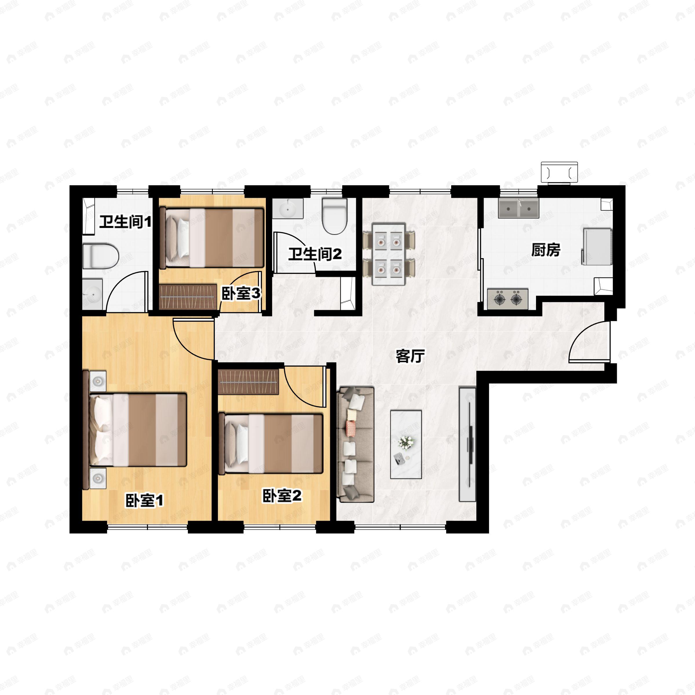 3室2厅2卫建面101平北|南户型图