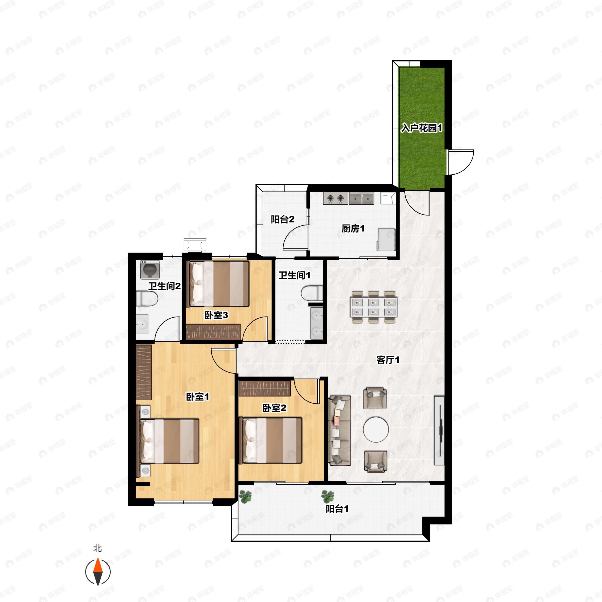3室2厅2卫建面126m²北|南户型图