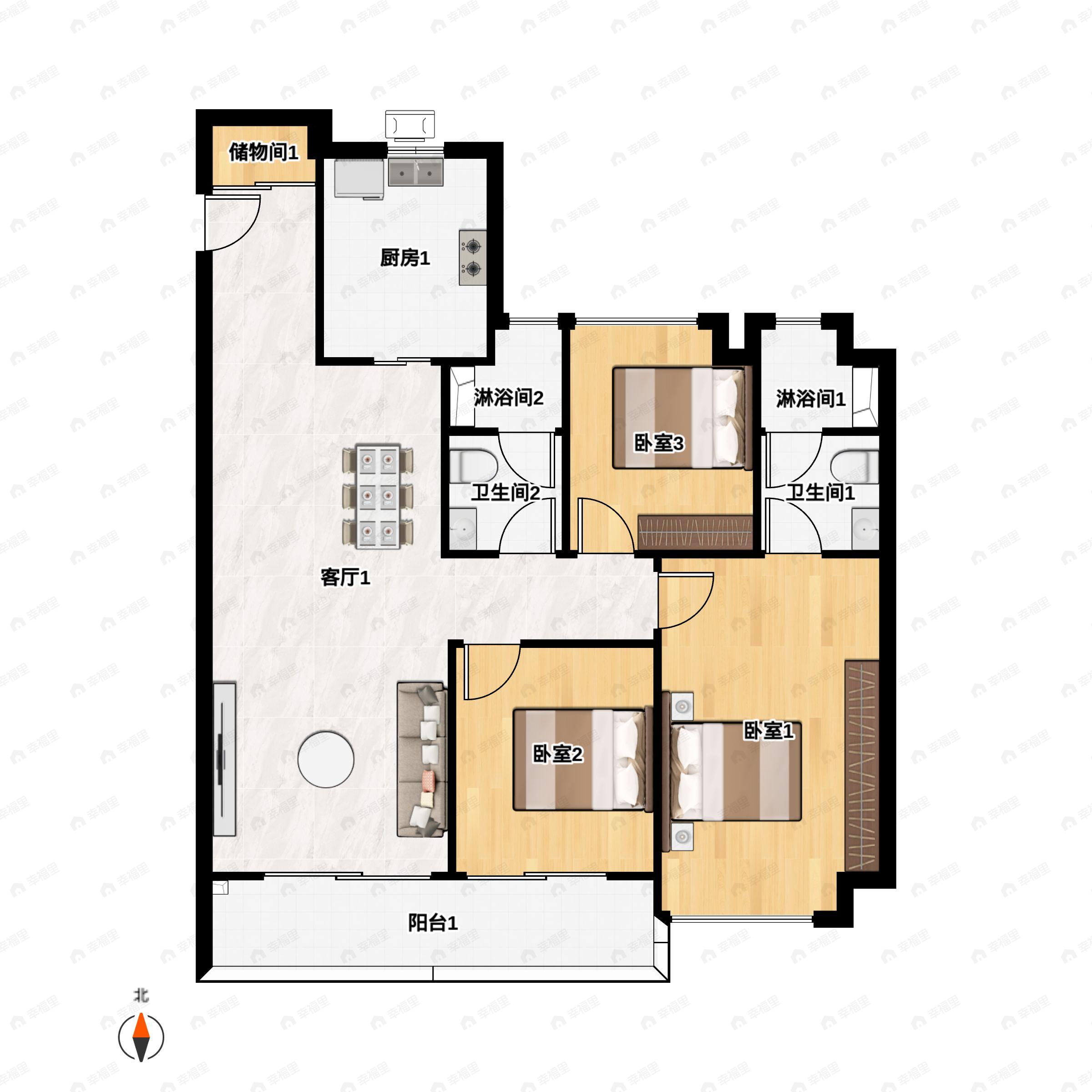 3室2厅2卫建面125平户型图