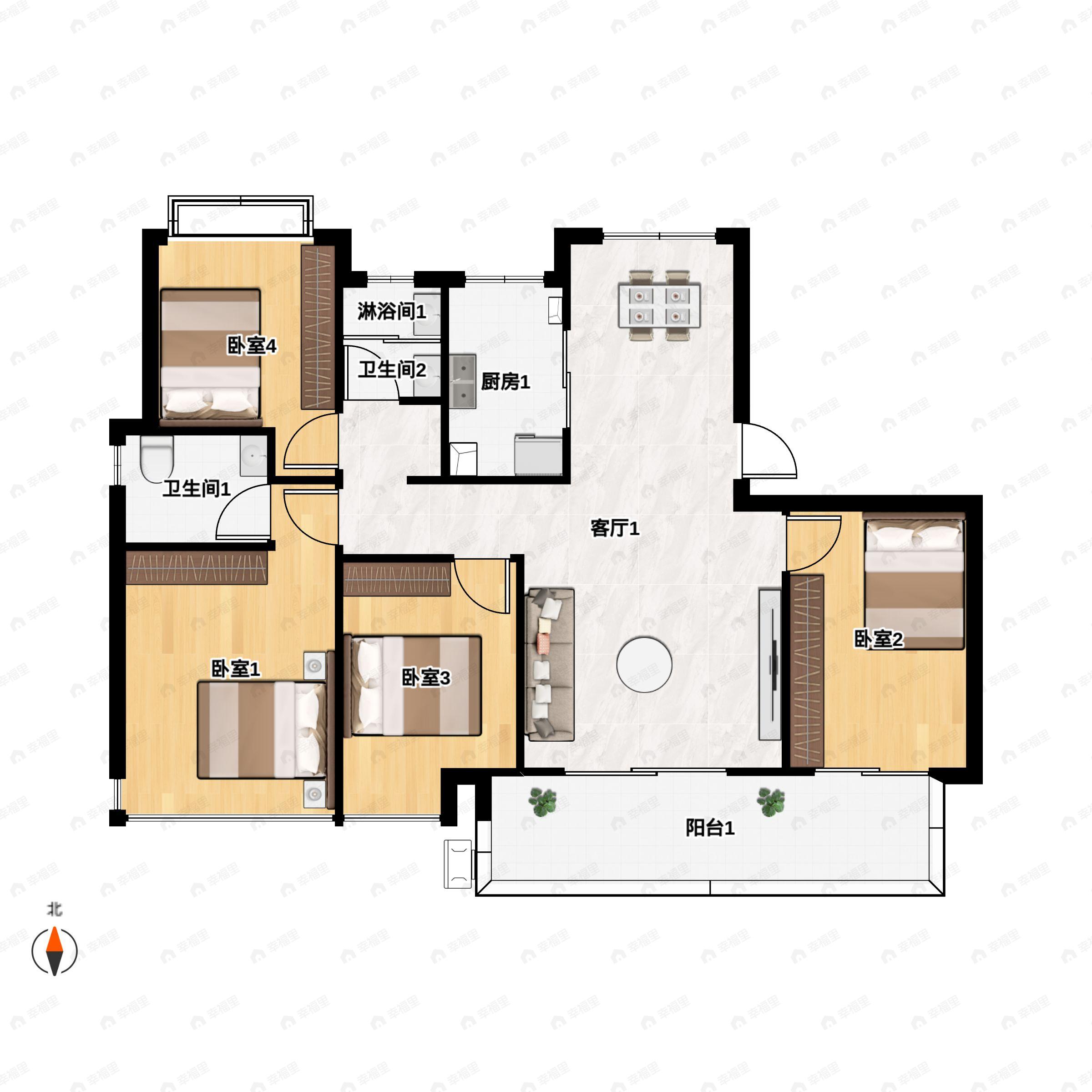4室2厅2卫建面133平南户型图