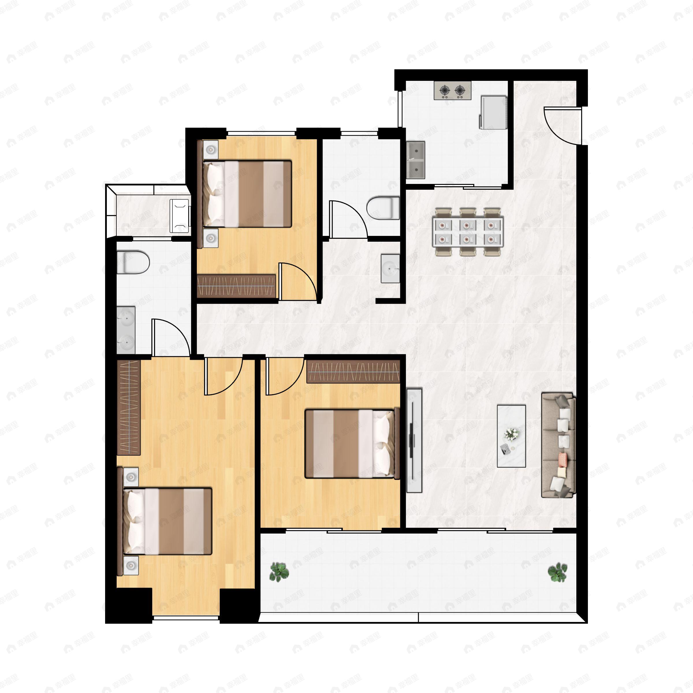 3室2厅2卫建面130平南户型图