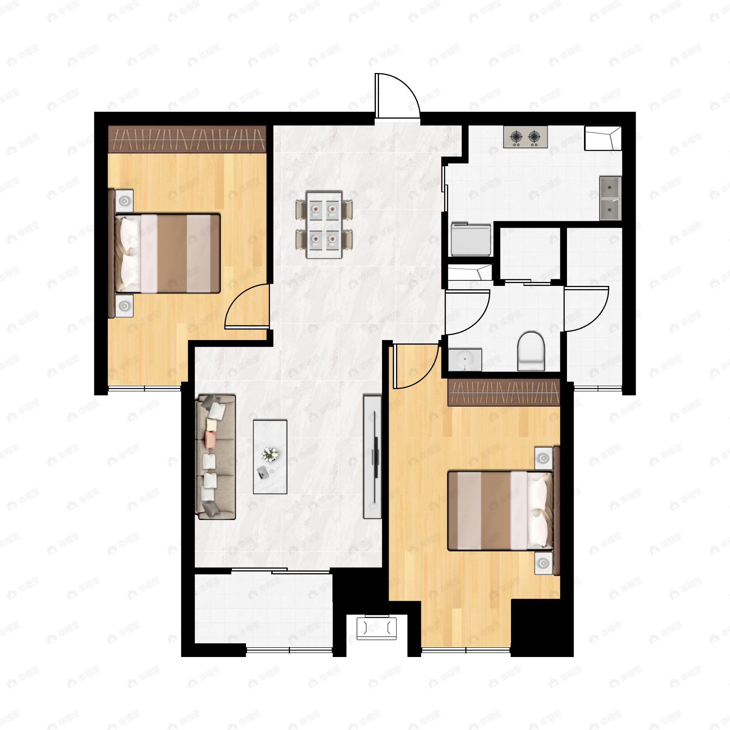 2室2厅1卫建面77m²西南户型图