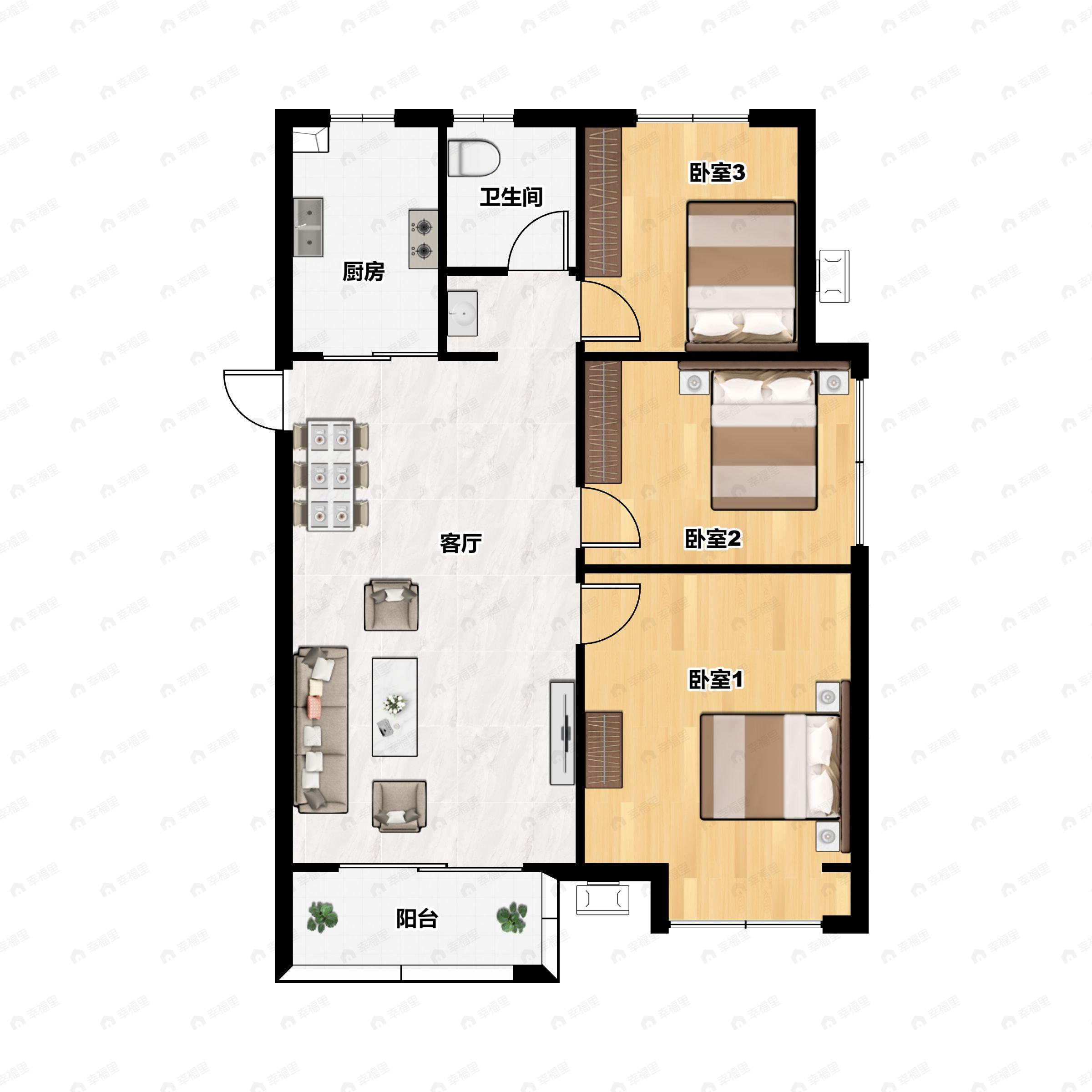 3室2厅1卫建面108平南户型图