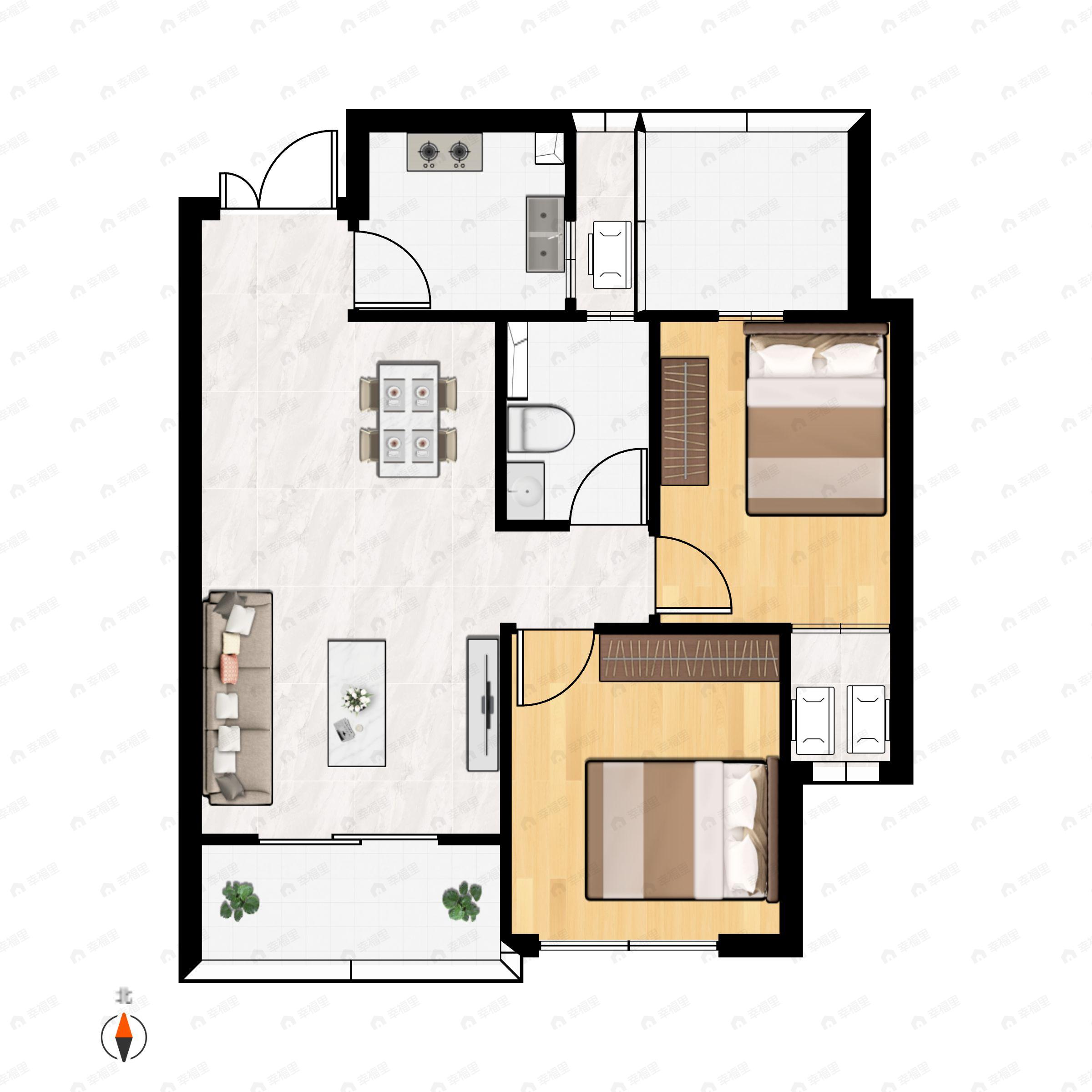 2室2厅2卫建面65m²南户型图