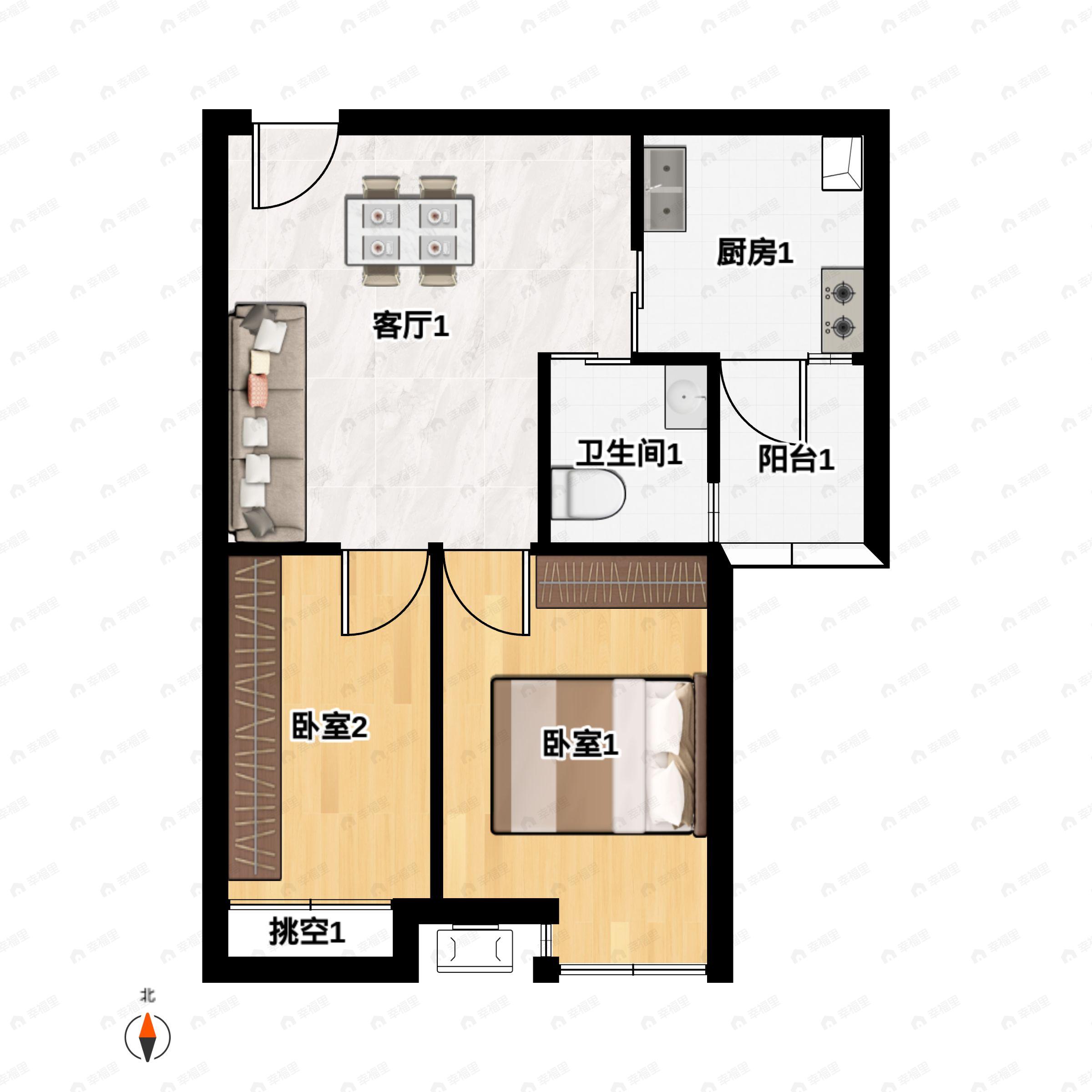 2室1厅1卫建面48平户型图