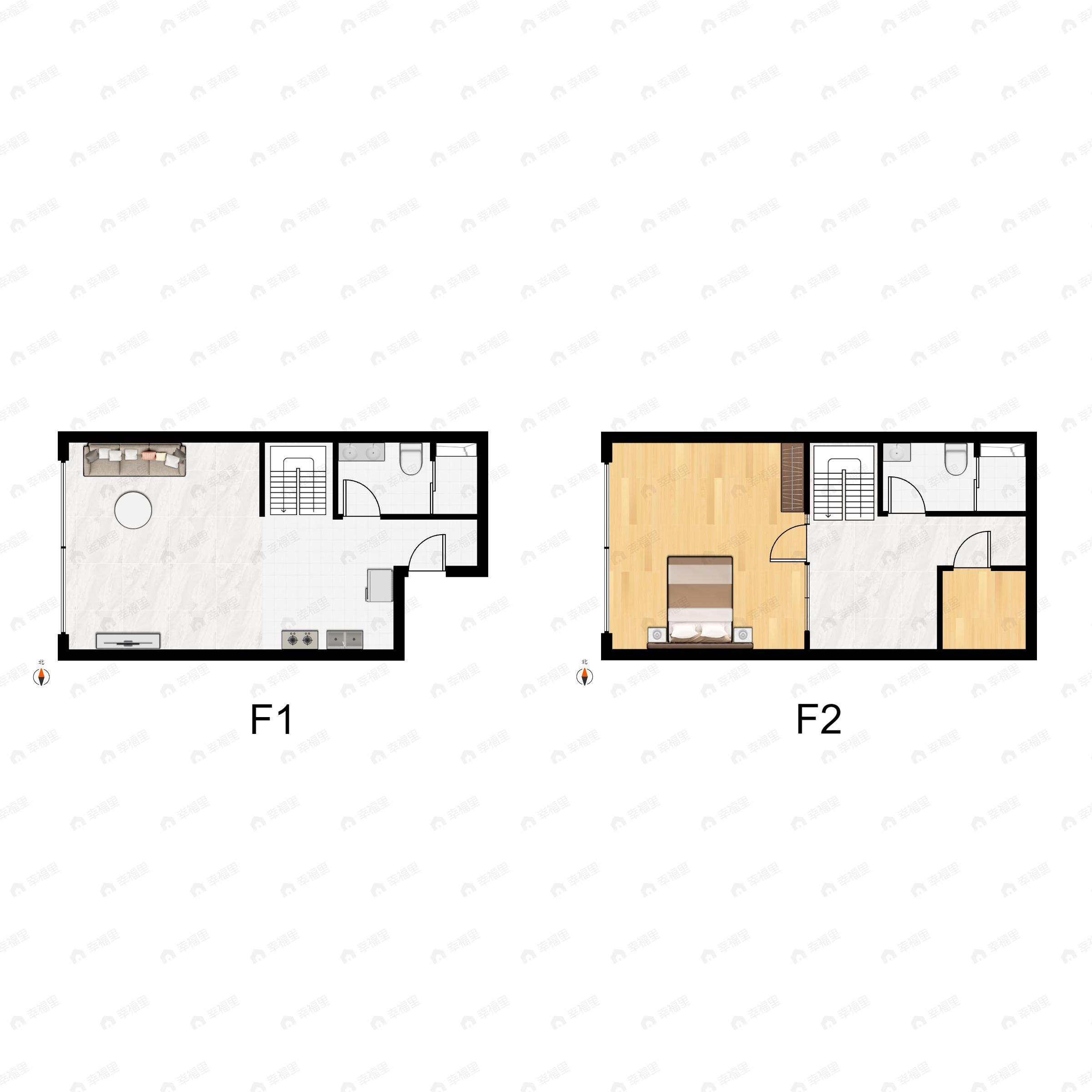 2室2厅2卫建面54平东|南|西|北户型图