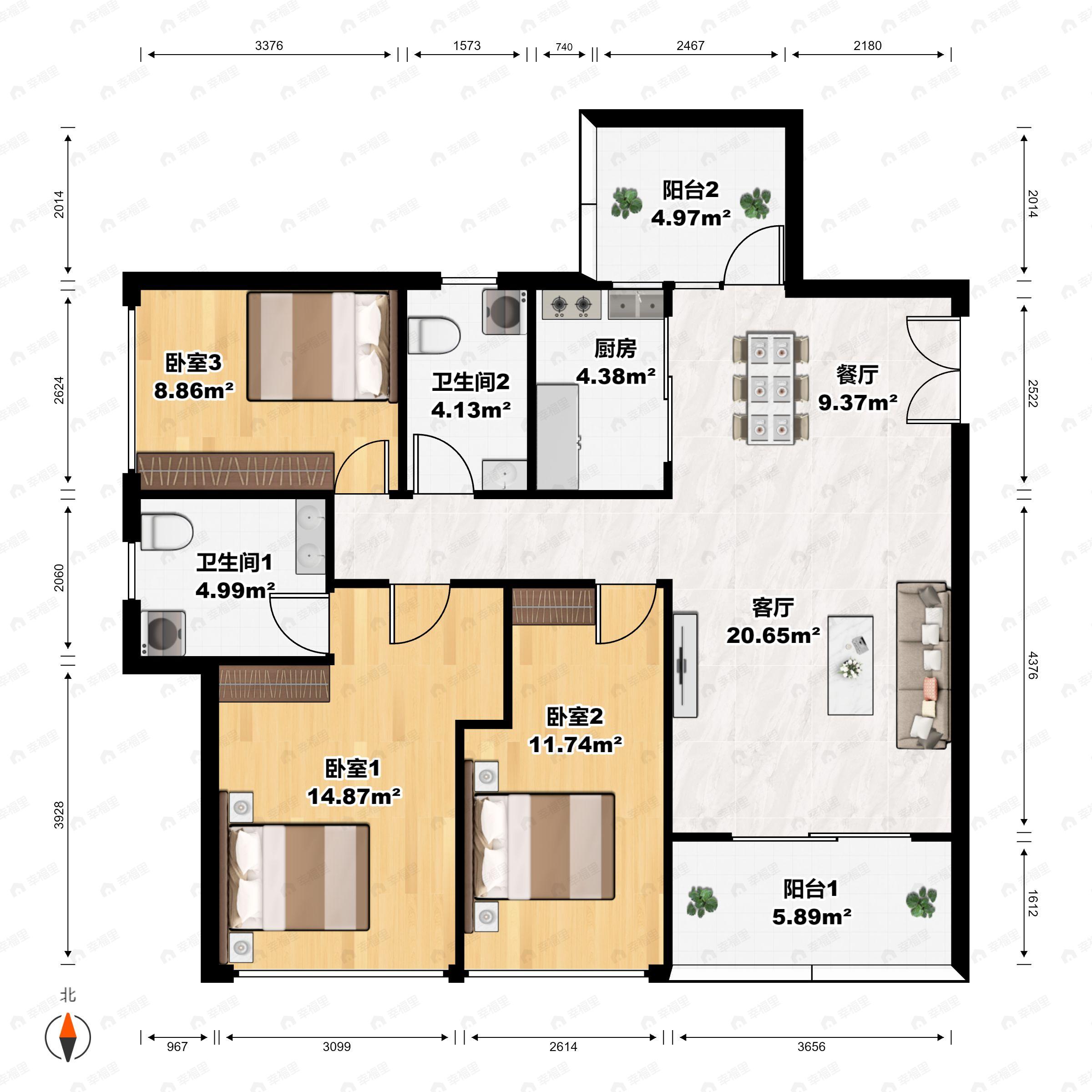3室2厅2卫建面128平南户型图