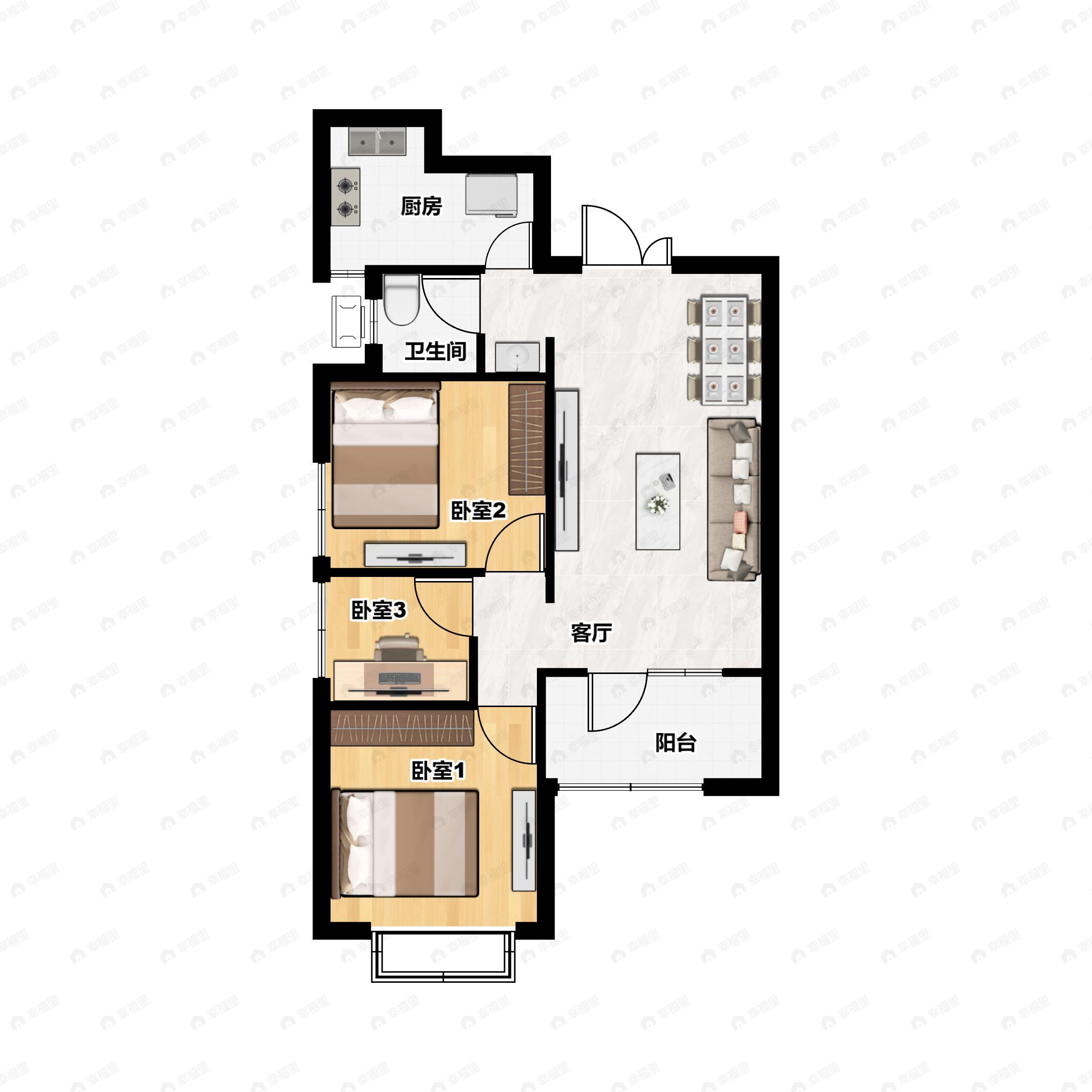 3室2厅1卫建面92m²西南户型图