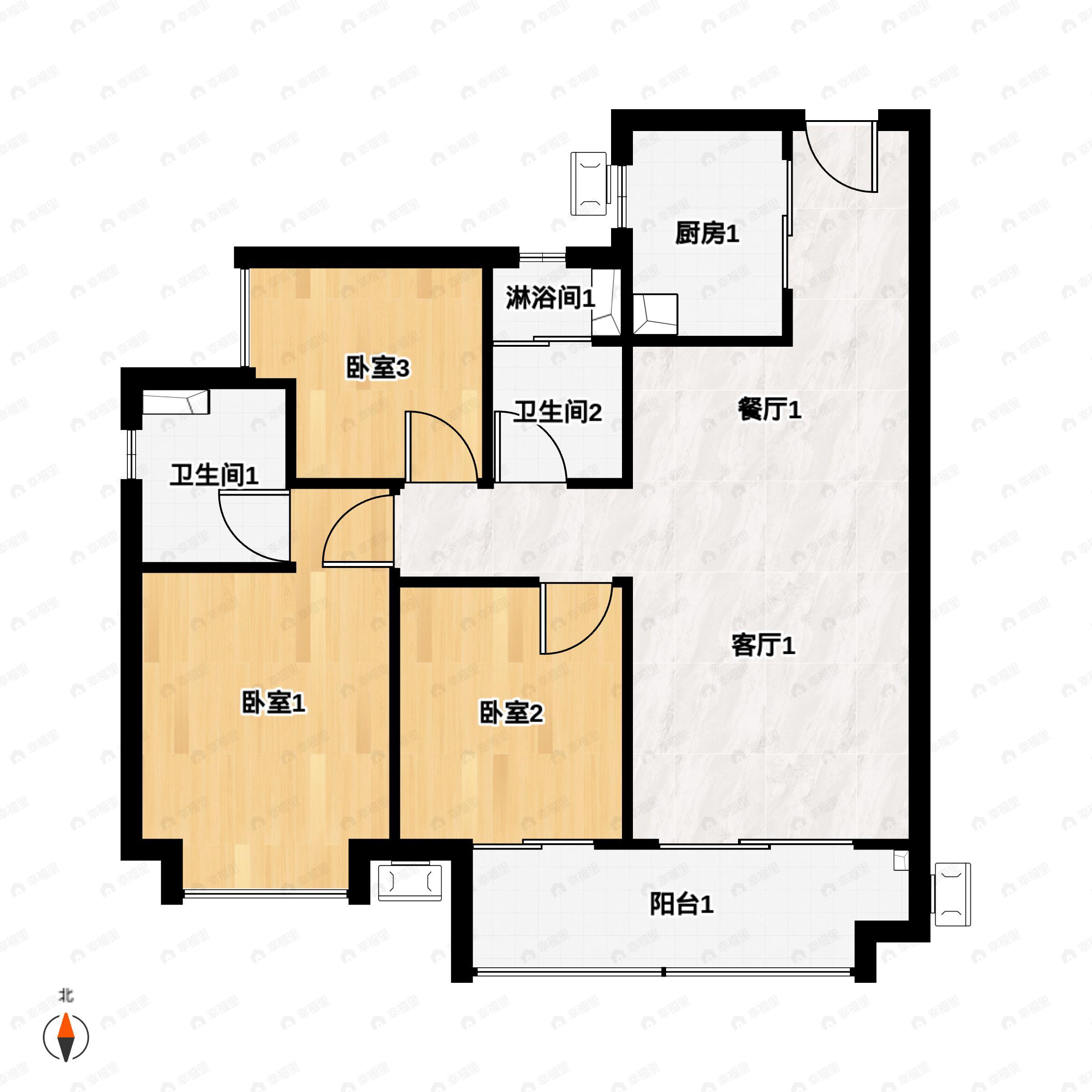 3室2厅2卫建面95m²南户型图