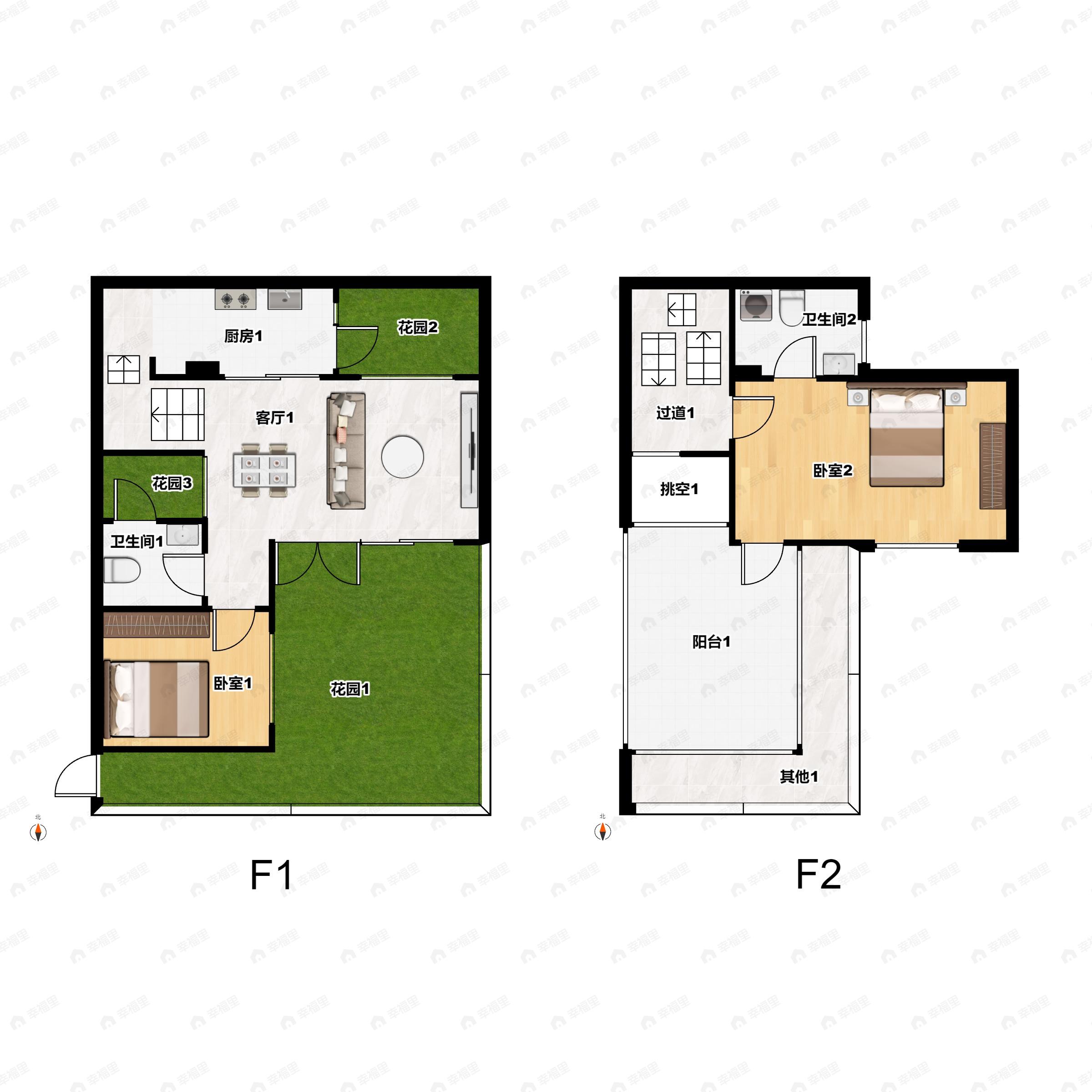 2室2厅2卫建面80平南户型图