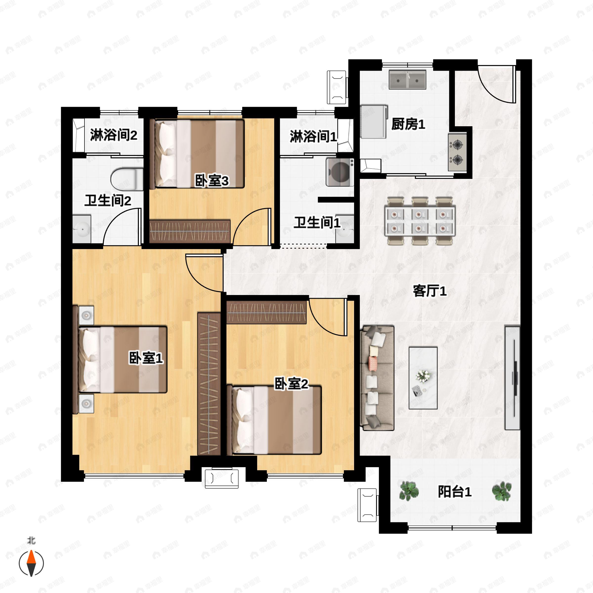 3室2厅2卫建面121平南|北户型图