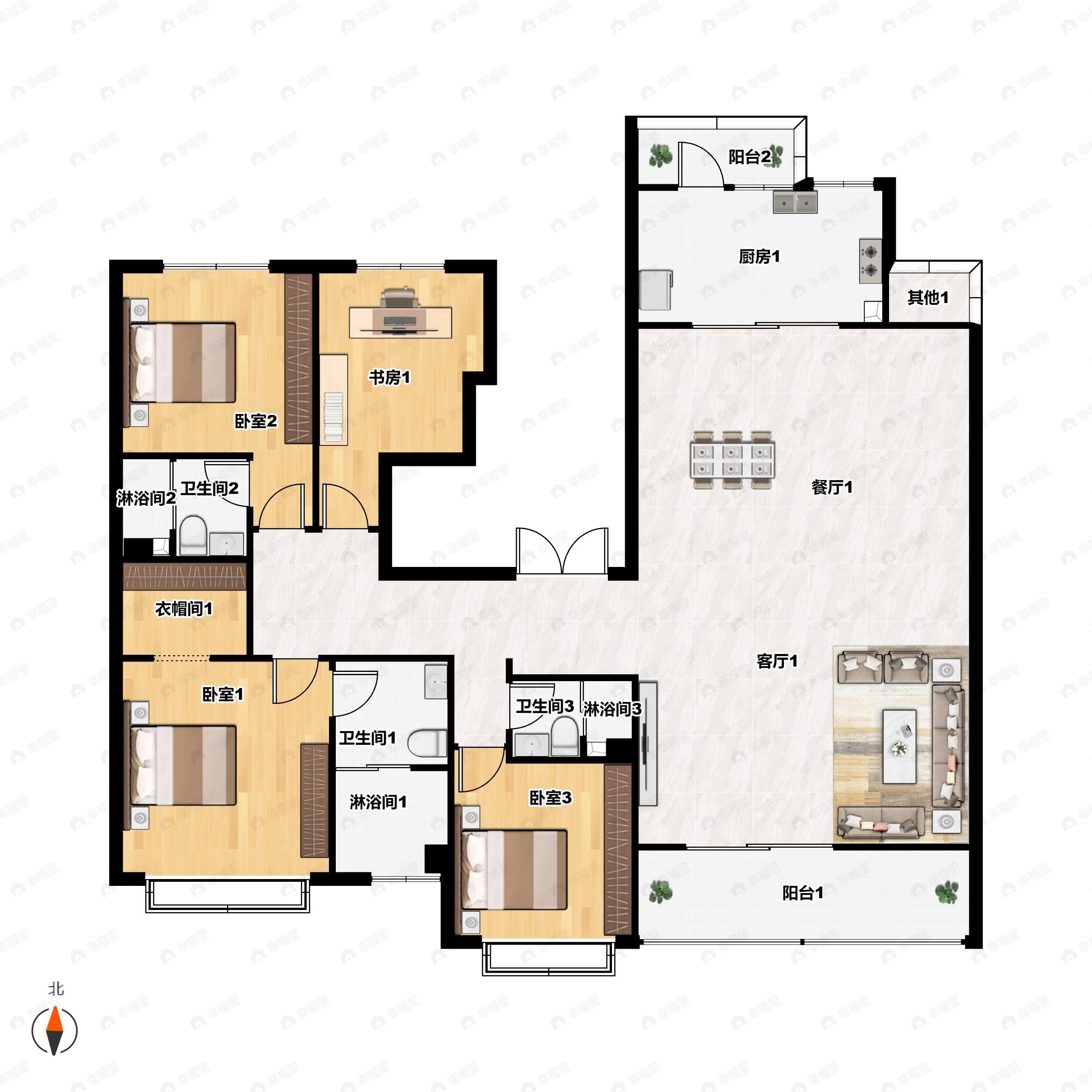 4室2厅3卫建面216平南户型图