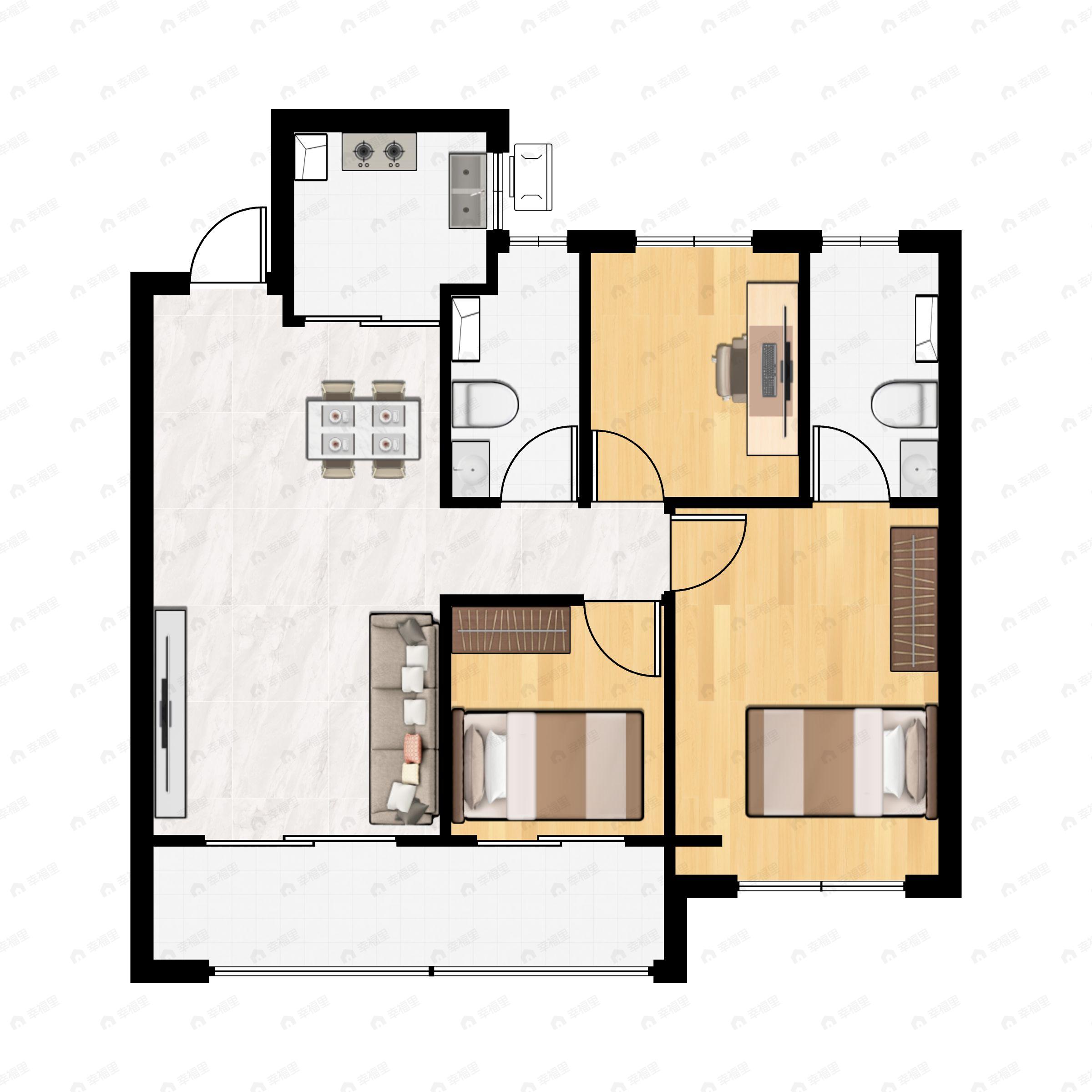 3室2厅2卫建面105m²北|南户型图