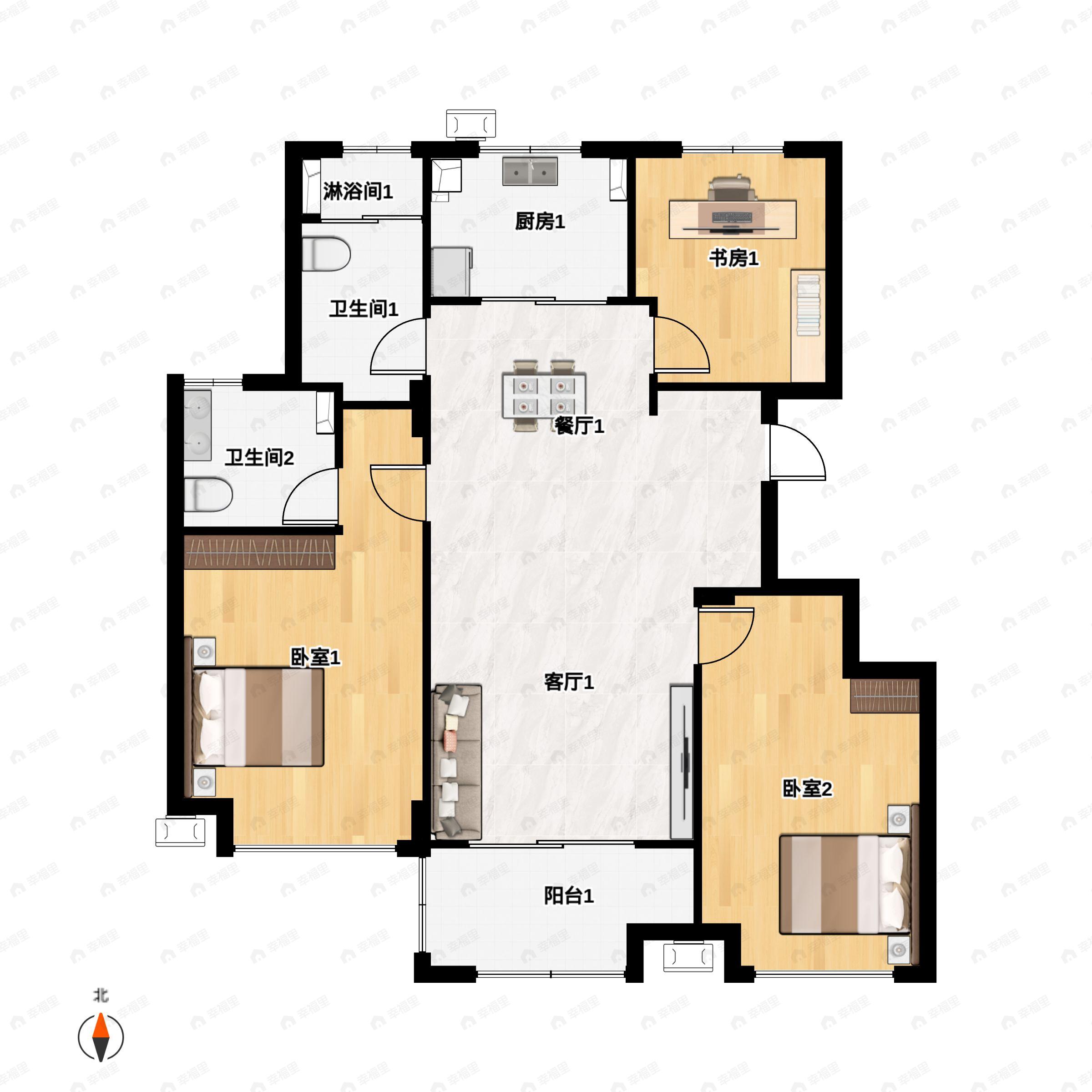 3室2厅2卫建面115m²南|北户型图