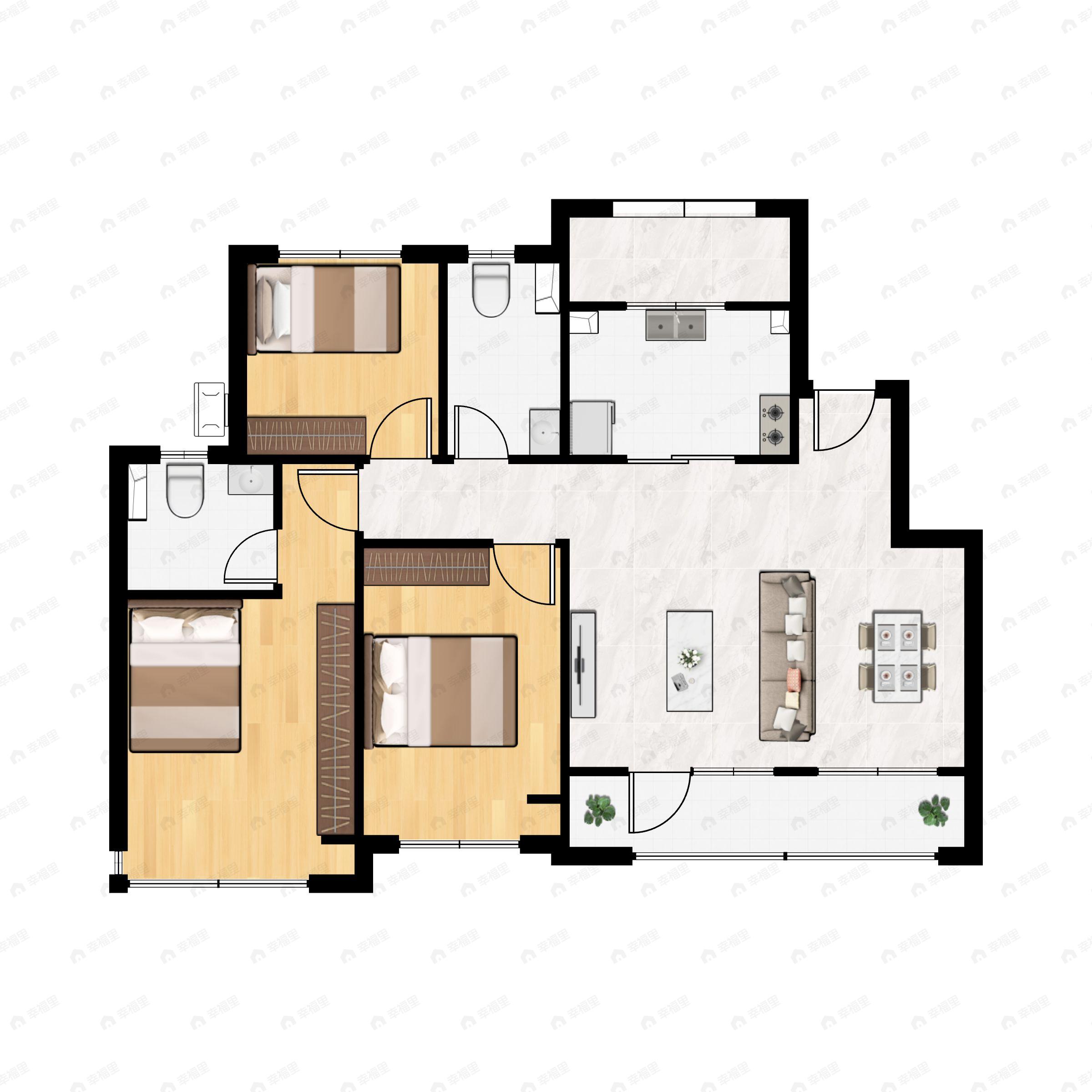 3室2厅2卫建面108平北|南户型图