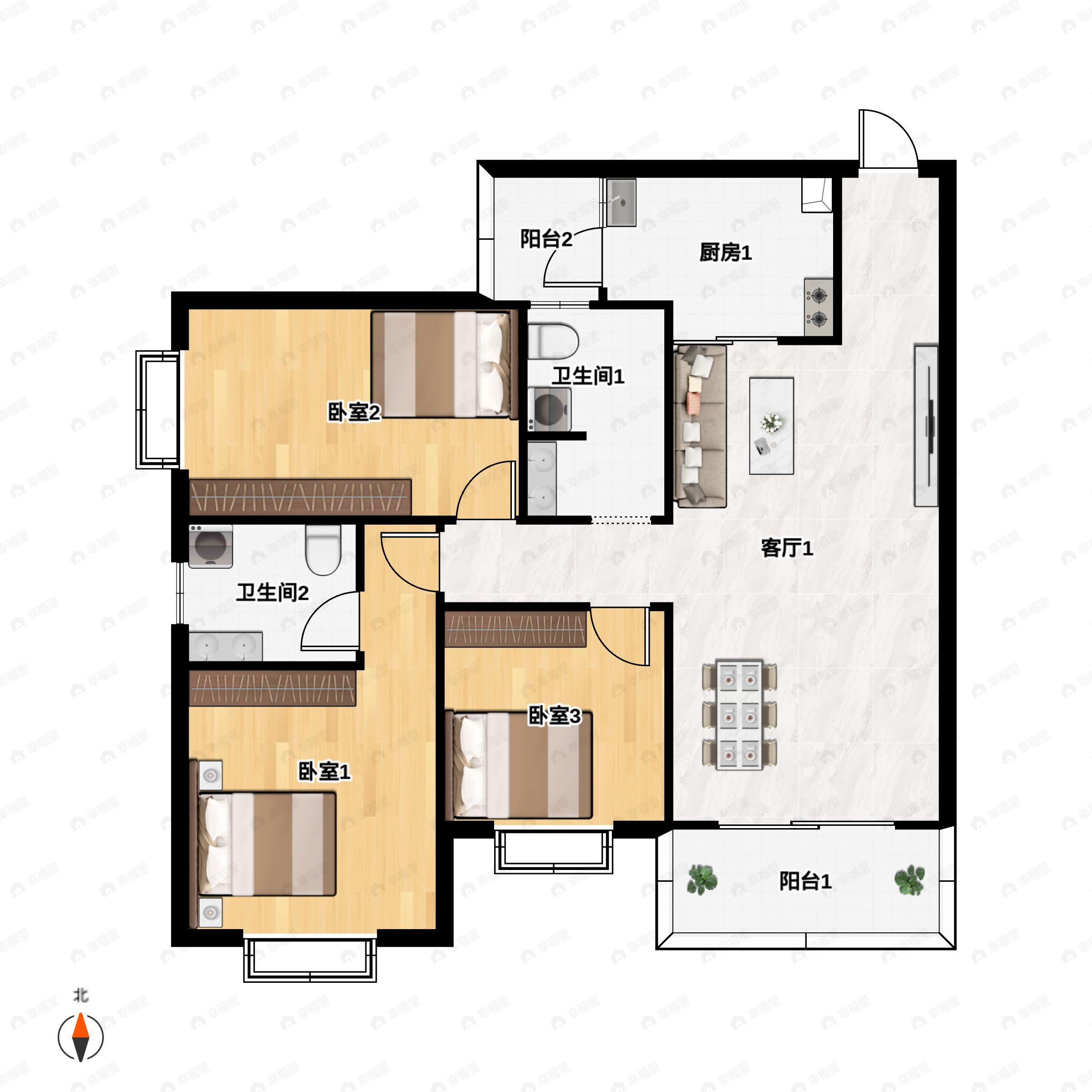 3室2厅2卫建面114平户型图