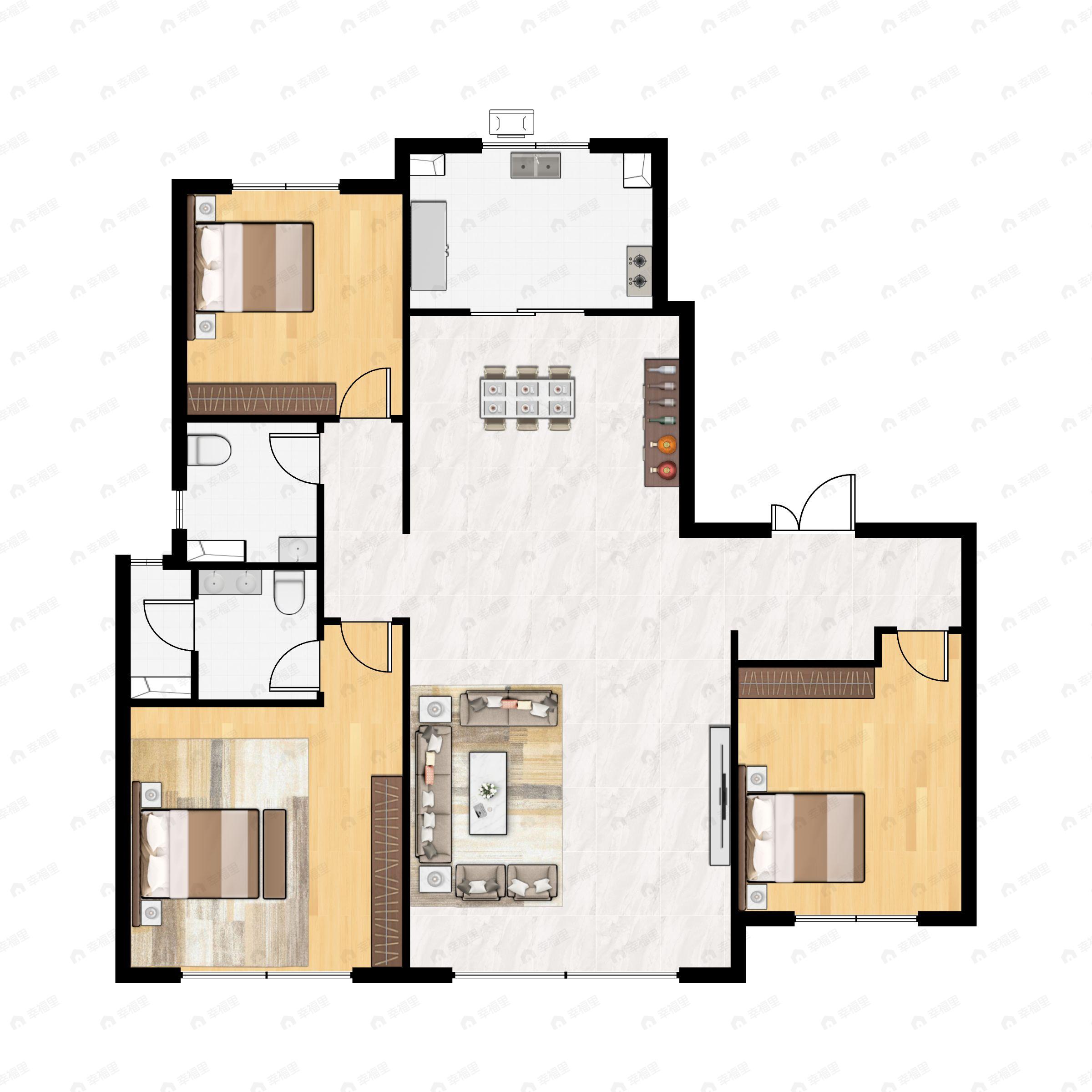 3室2厅2卫建面128m²南|北户型图