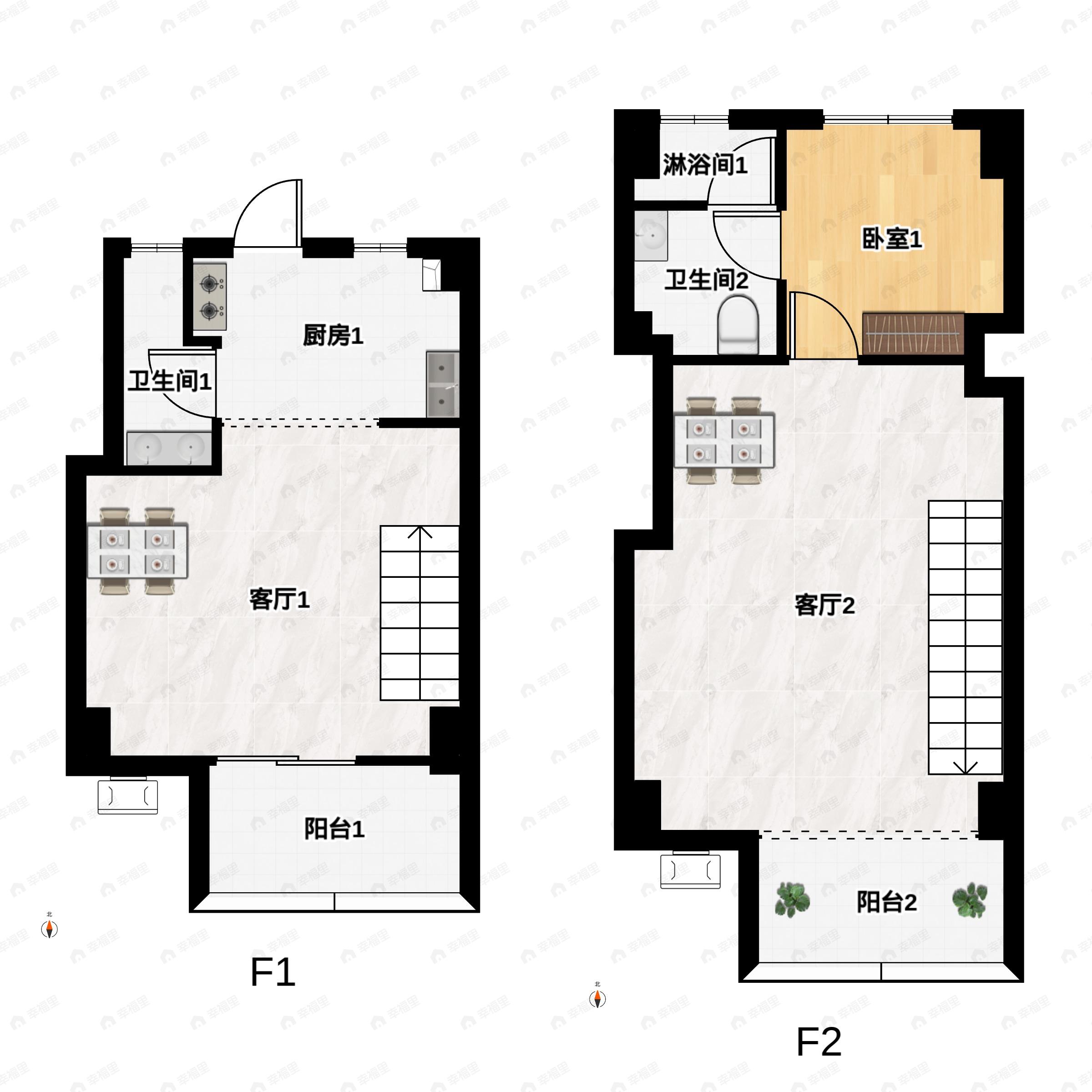 2室2厅2卫建面45平户型图
