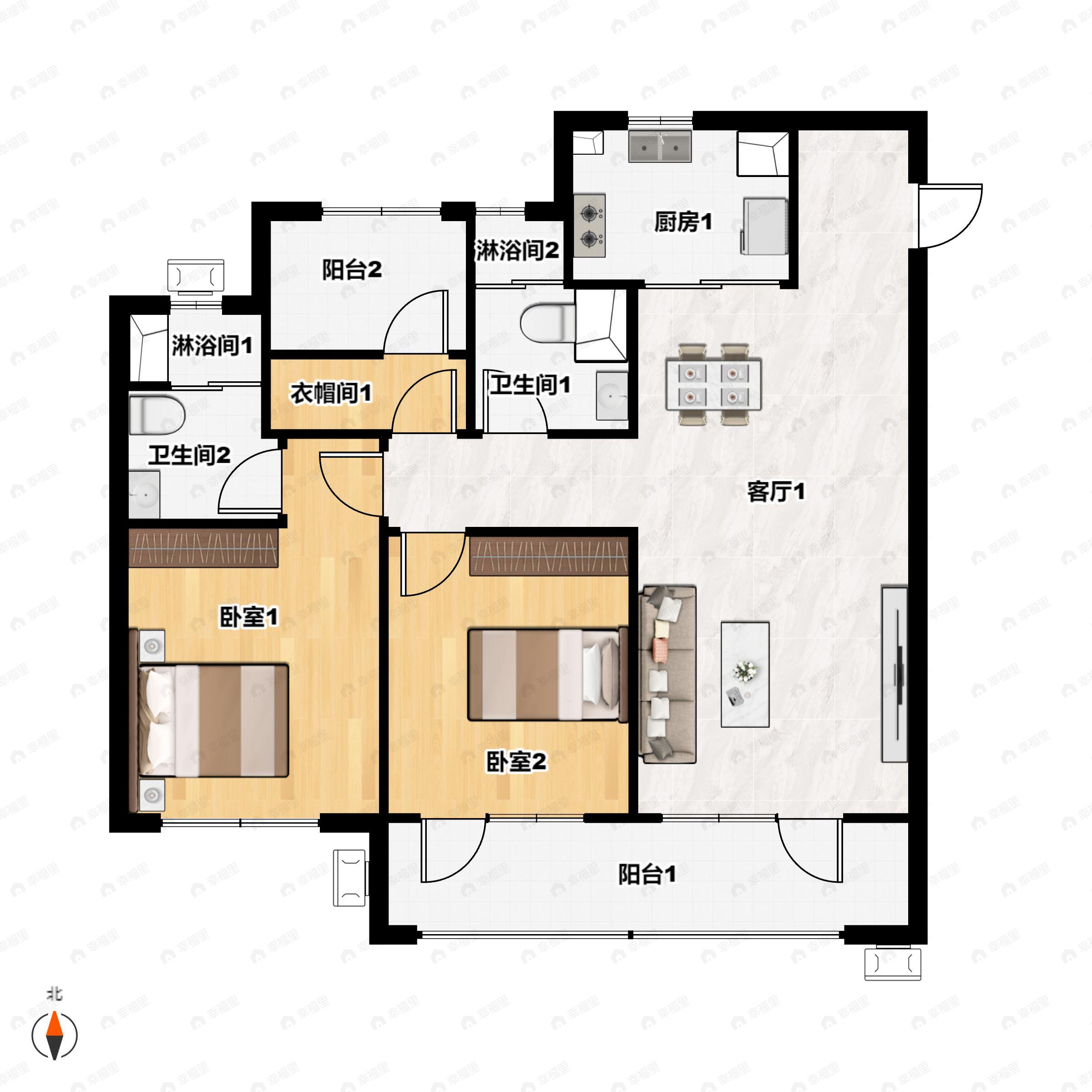3室2厅2卫建面107平户型图
