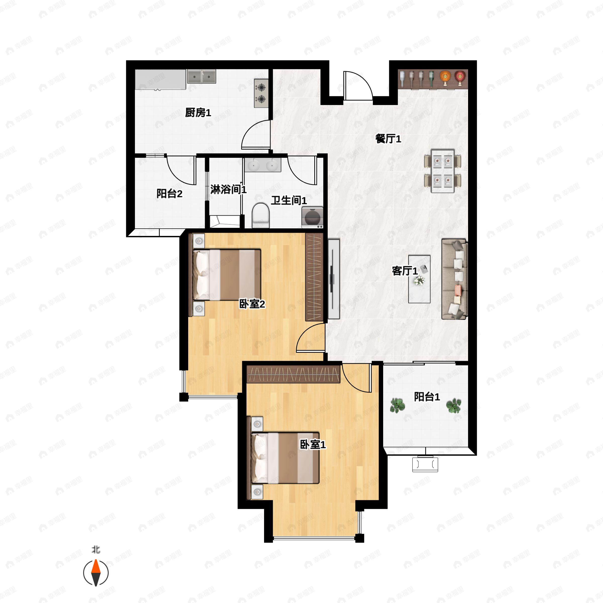 2室2厅1卫建面57平户型图