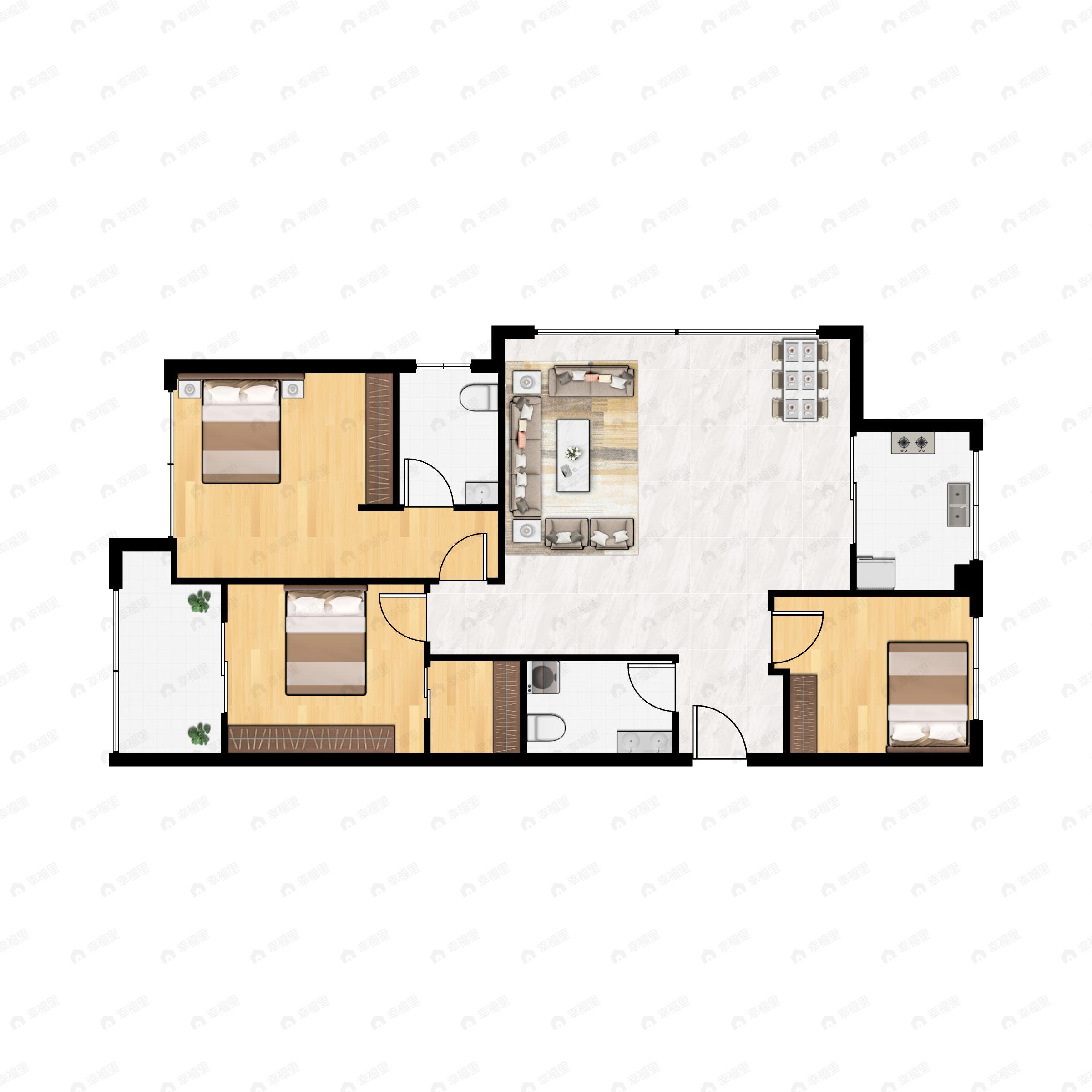 3室2厅2卫建面107m²东户型图