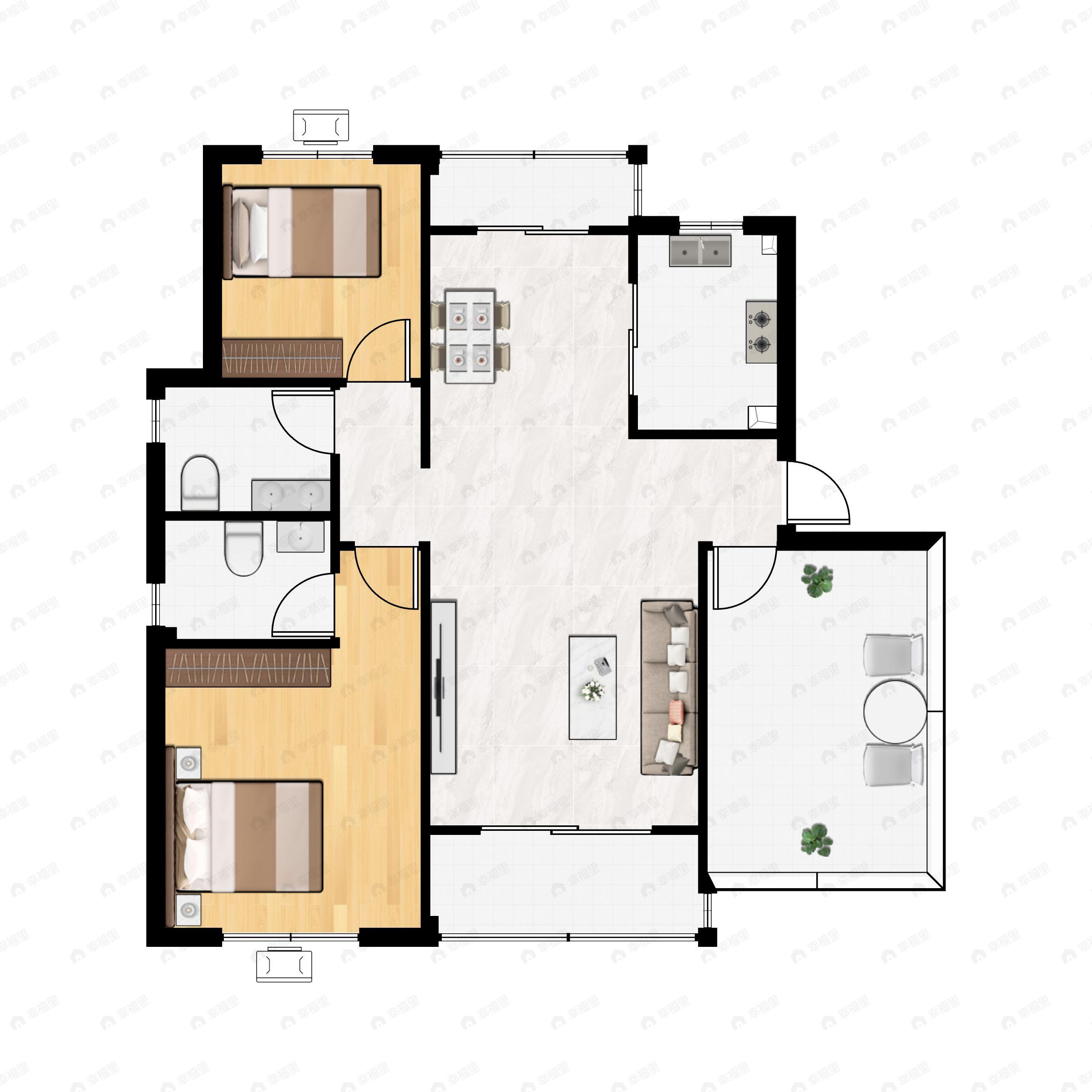 2室2厅2卫建面140m²北|南户型图