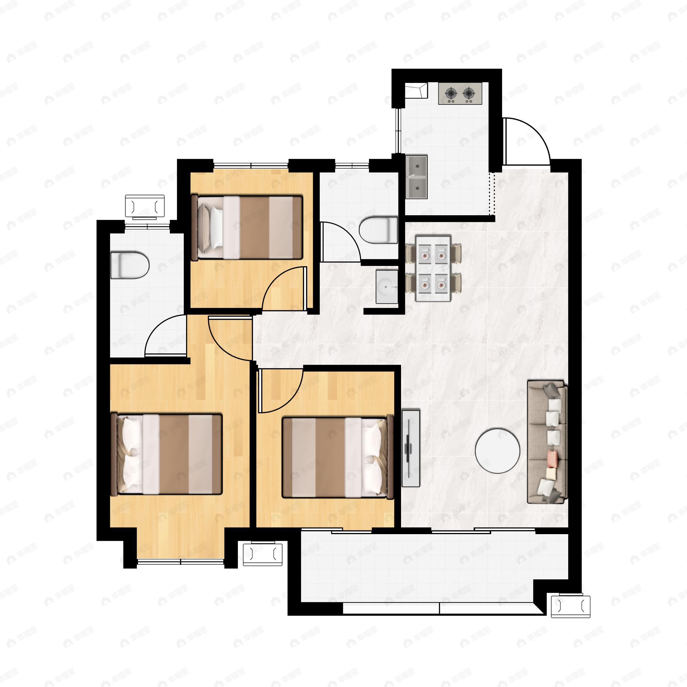 3室2厅2卫建面93m²南户型图