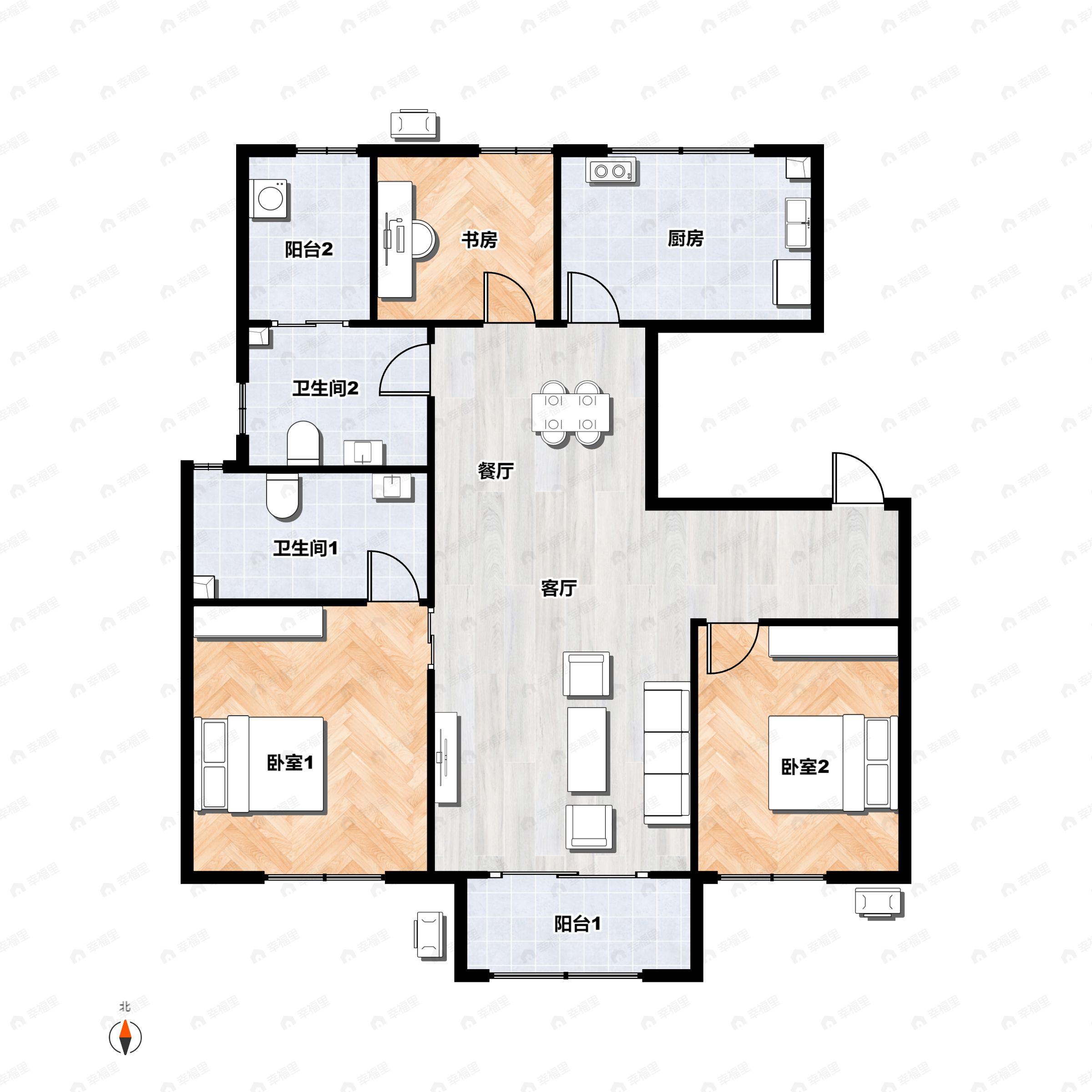 3室2厅2卫建面124平南户型图