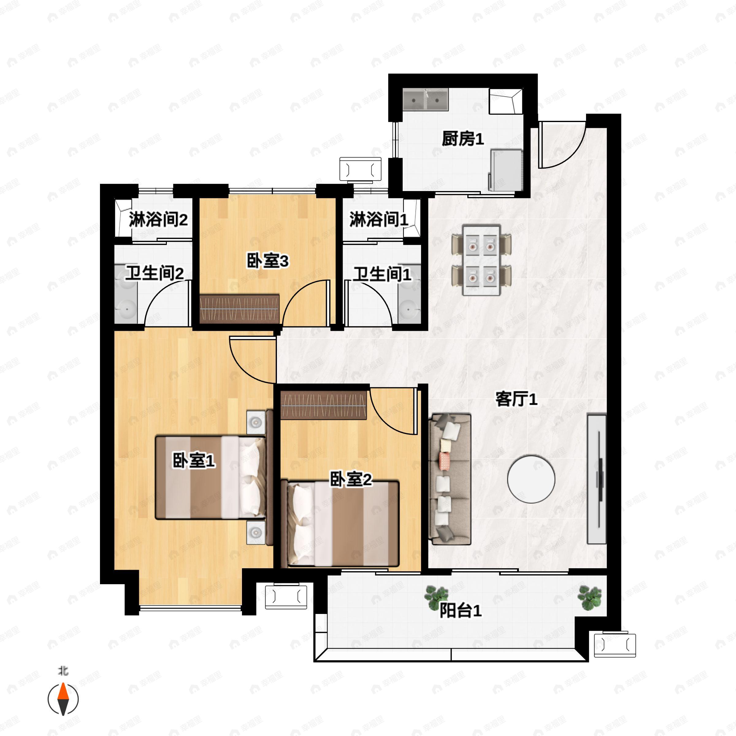 3室2厅2卫建面112m²南户型图