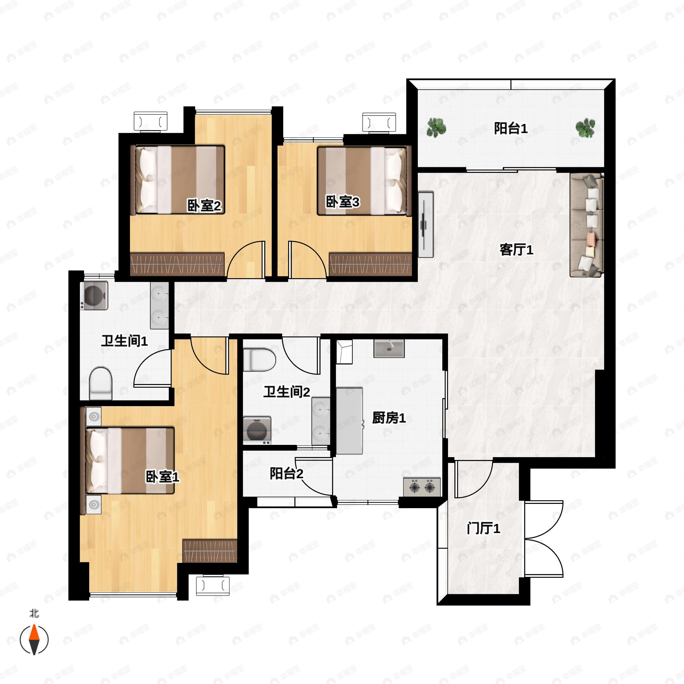 3室2厅2卫建面101平东南户型图