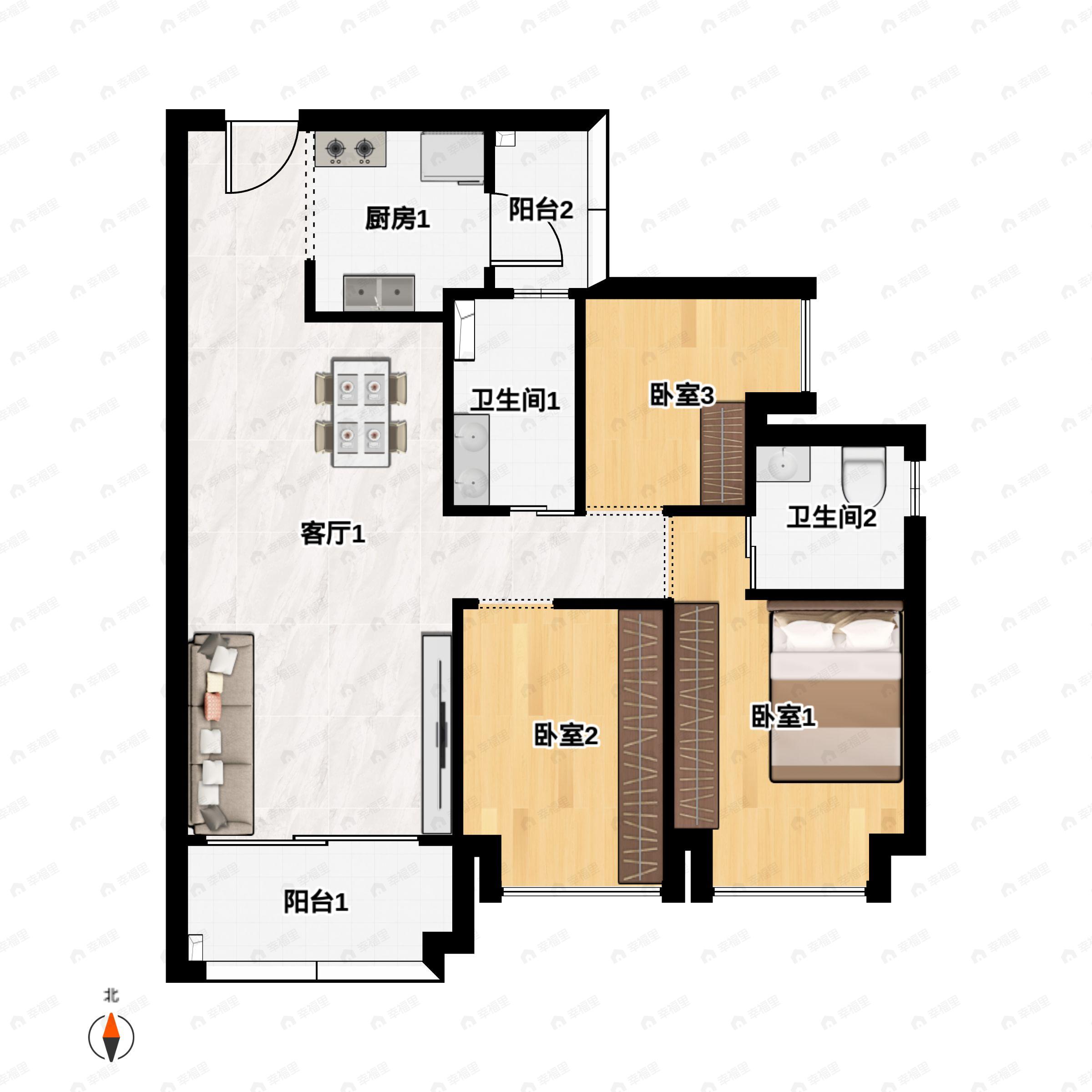 3室2厅2卫建面89平南户型图