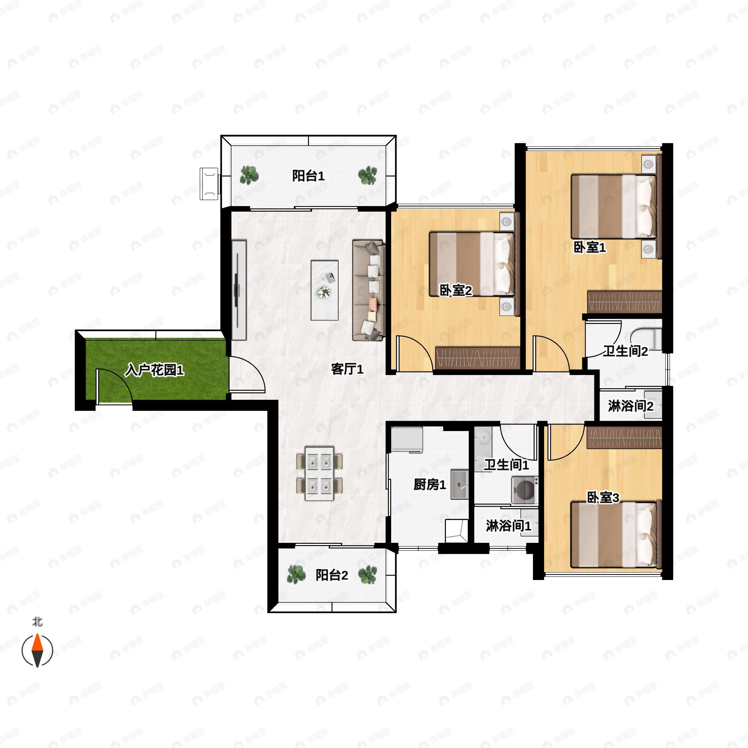 3室2厅2卫建面97m²南户型图