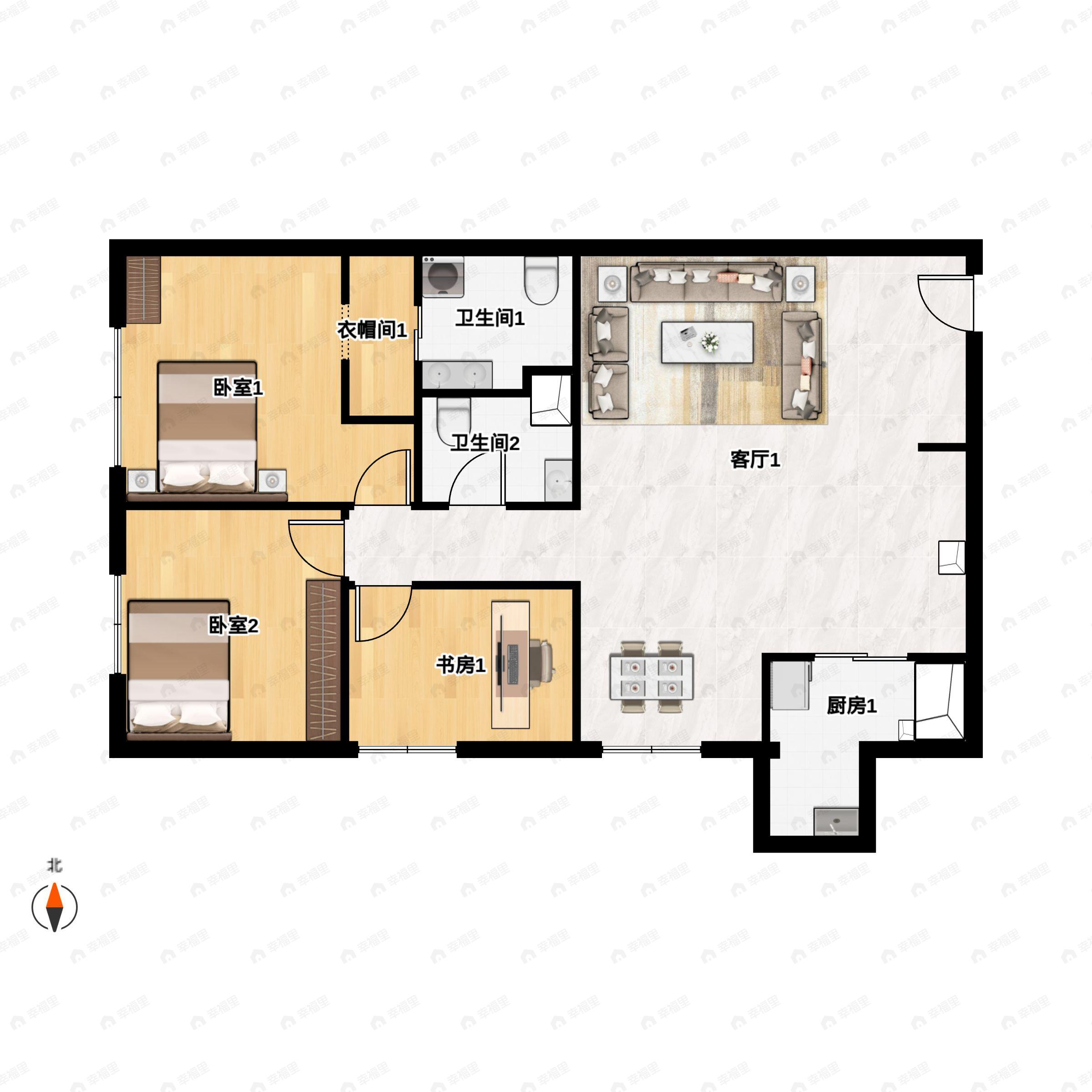 一瓶八斗3室2厅2卫户型图