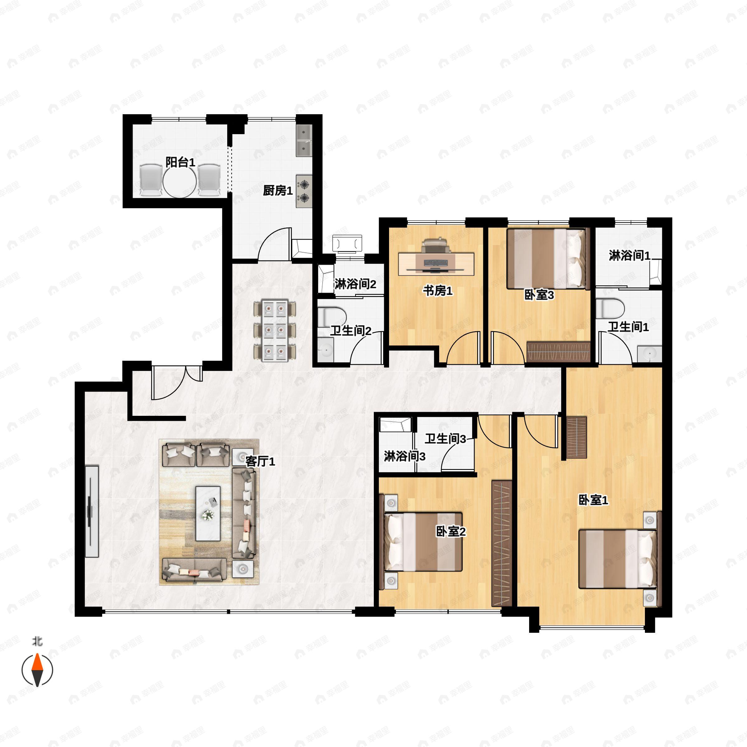 4室2厅3卫建面195平南户型图