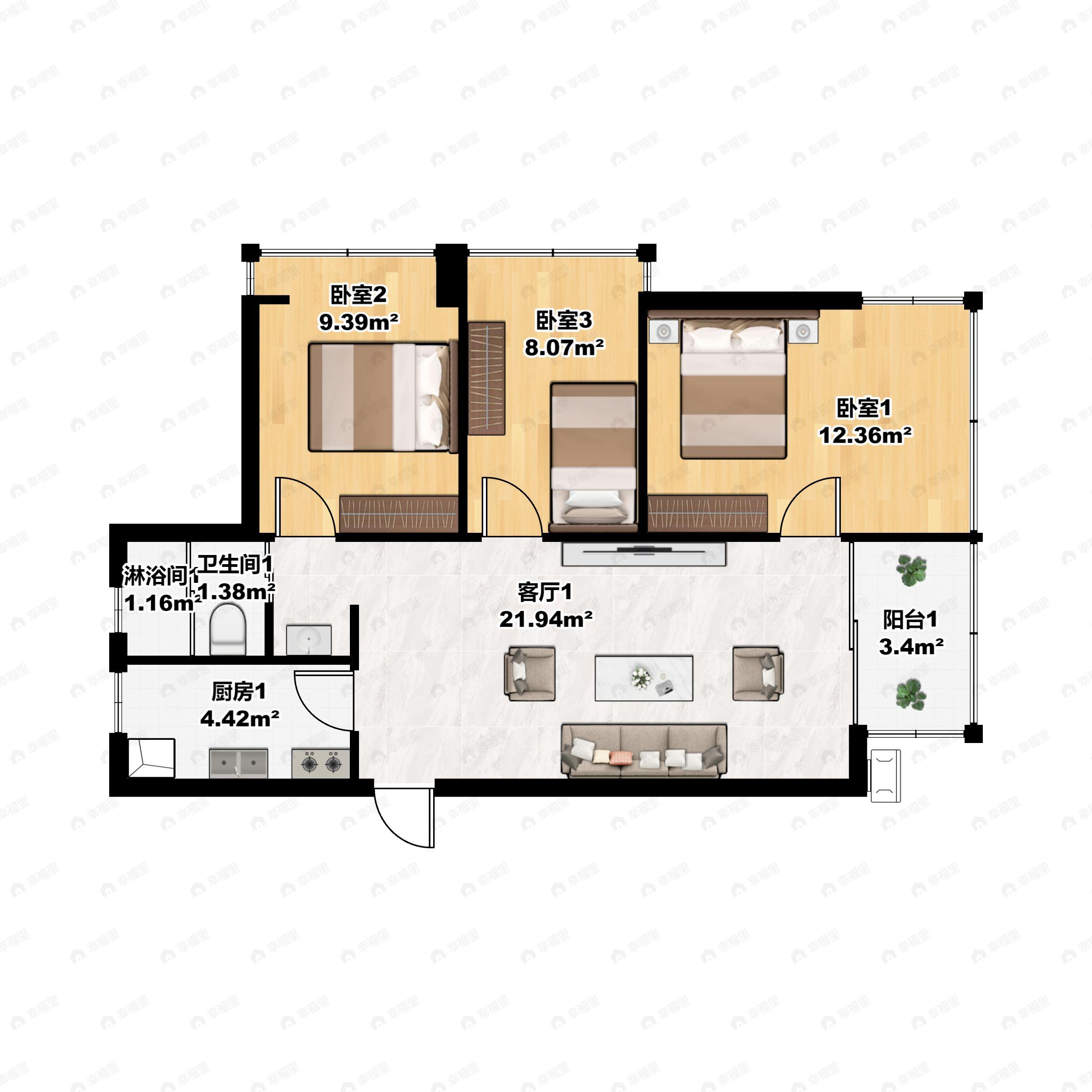 荣和公园墅3室2厅1卫户型图