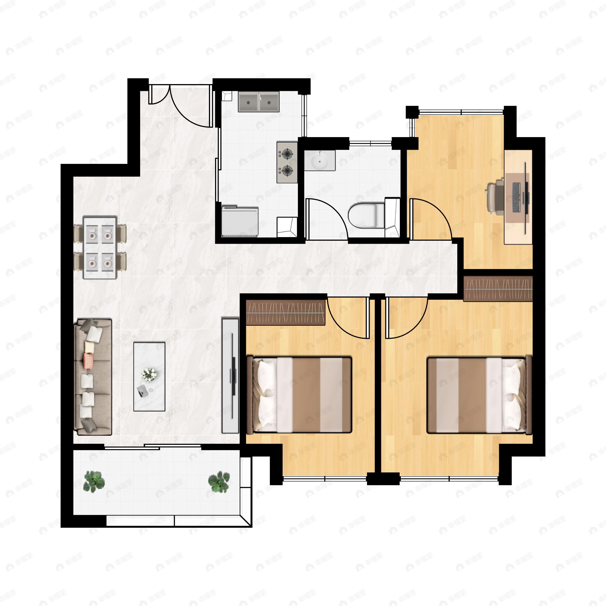 3室2厅1卫建面88m²南户型图