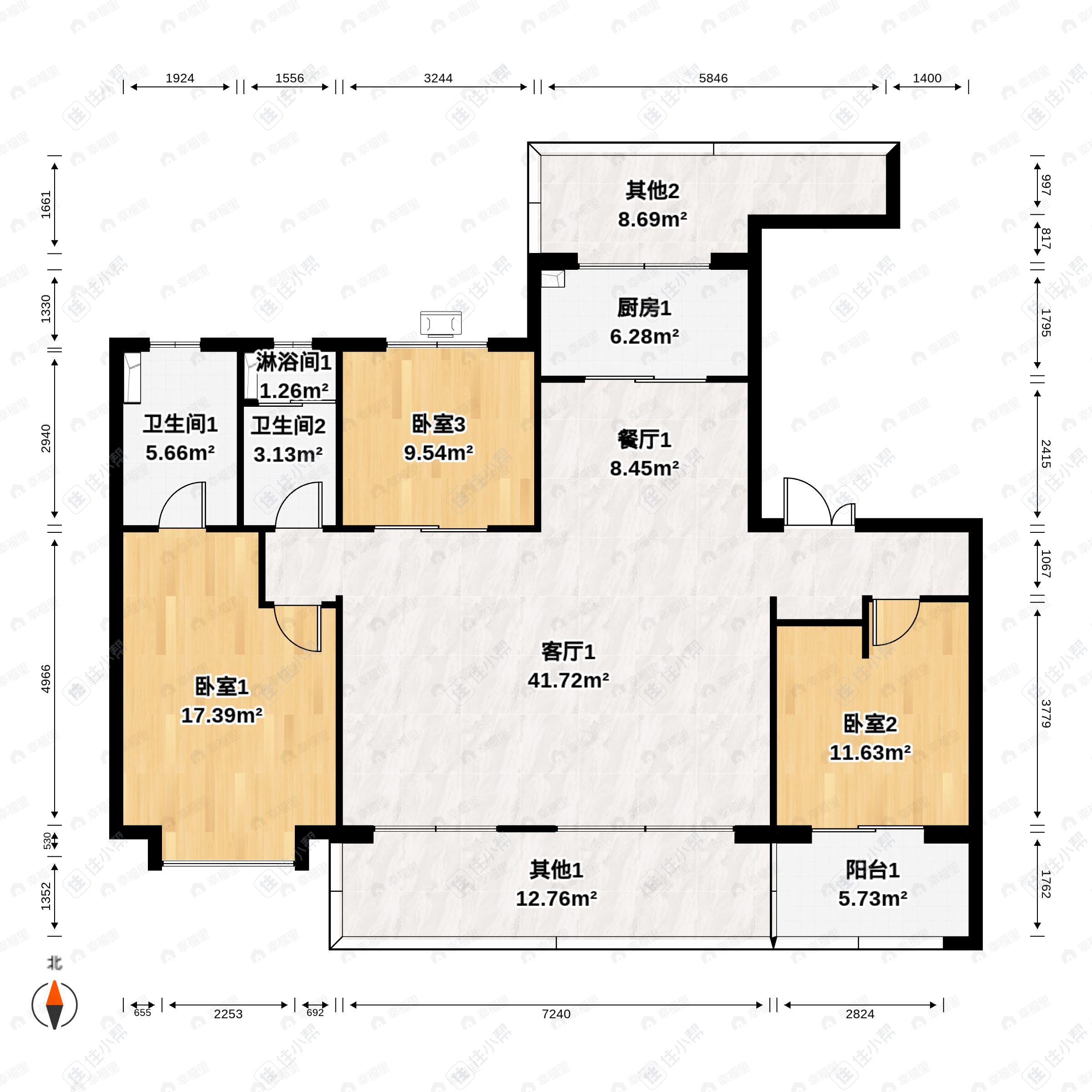 为福万和中心3室2厅2卫户型图