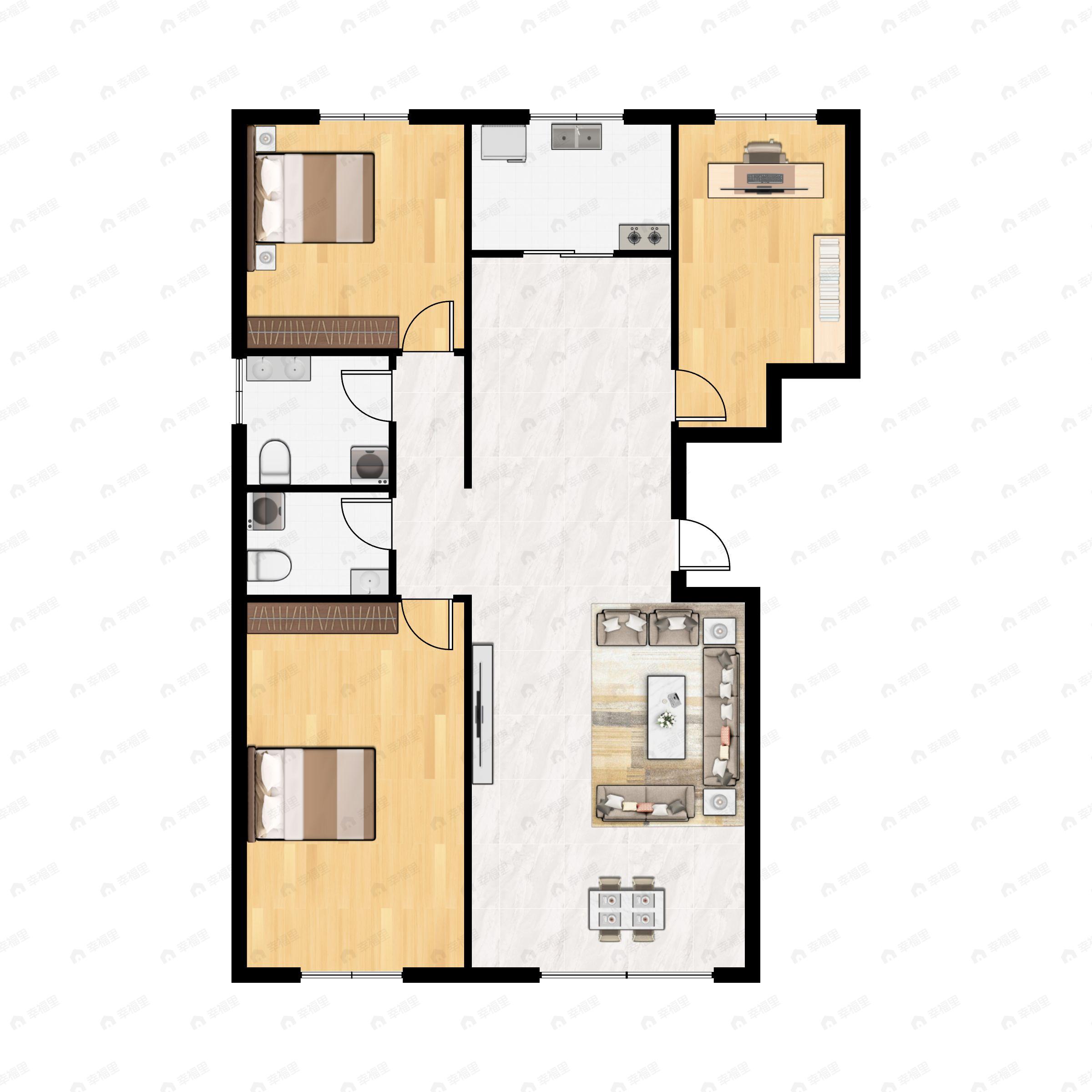3室2厅2卫建面121m²南户型图