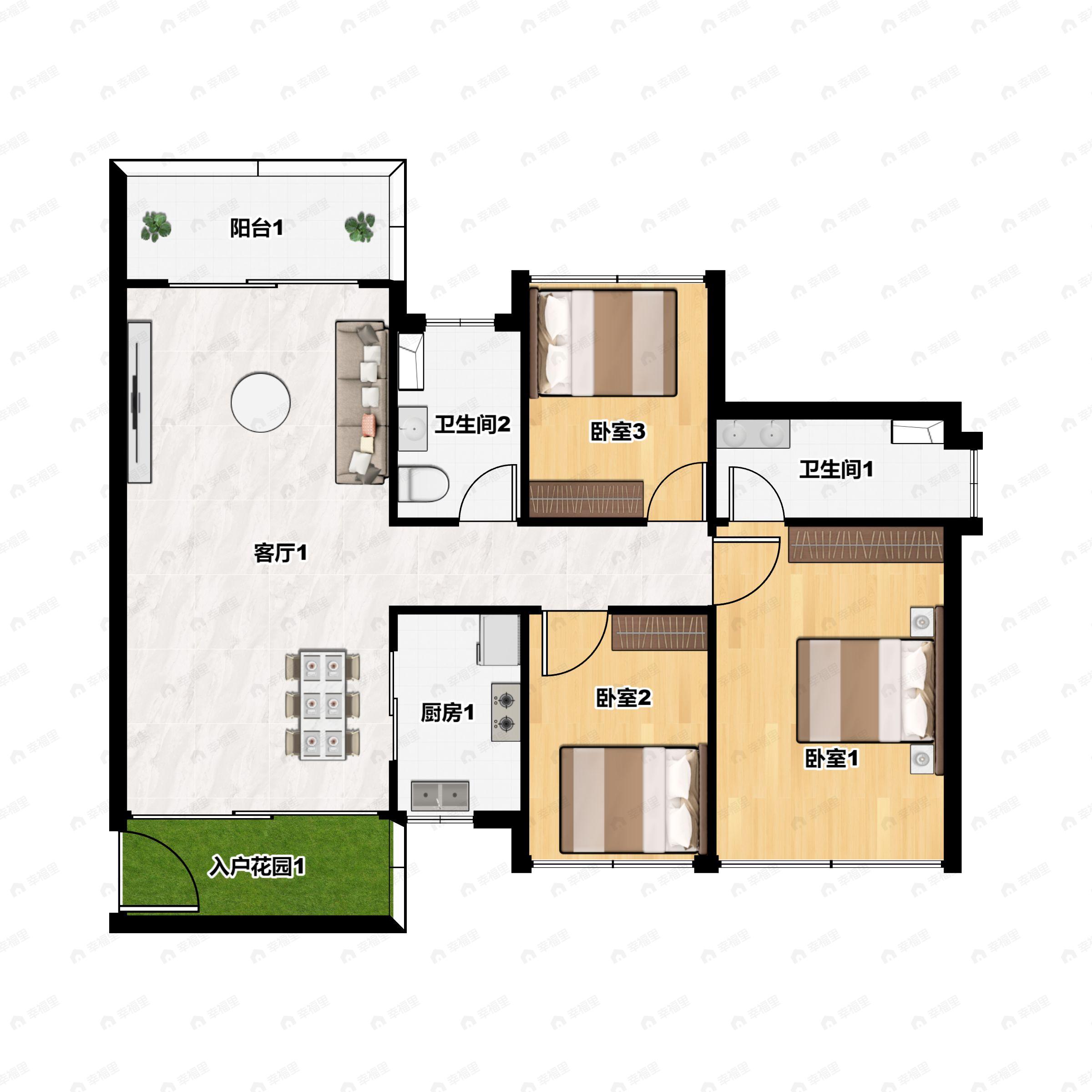 3室2厅2卫建面106平北户型图
