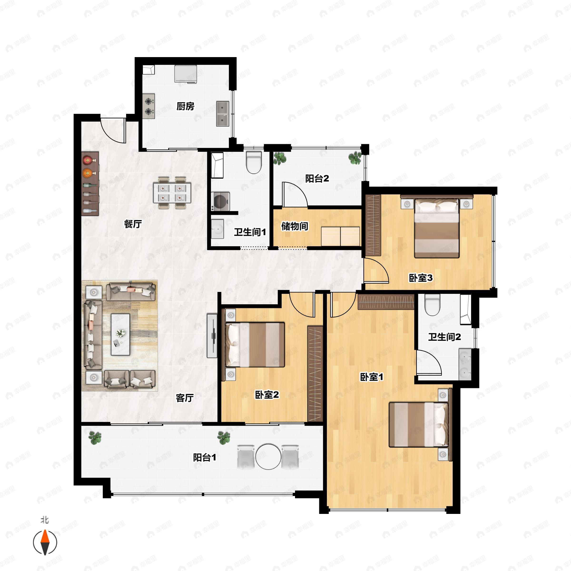 4室2厅2卫建面136平南户型图