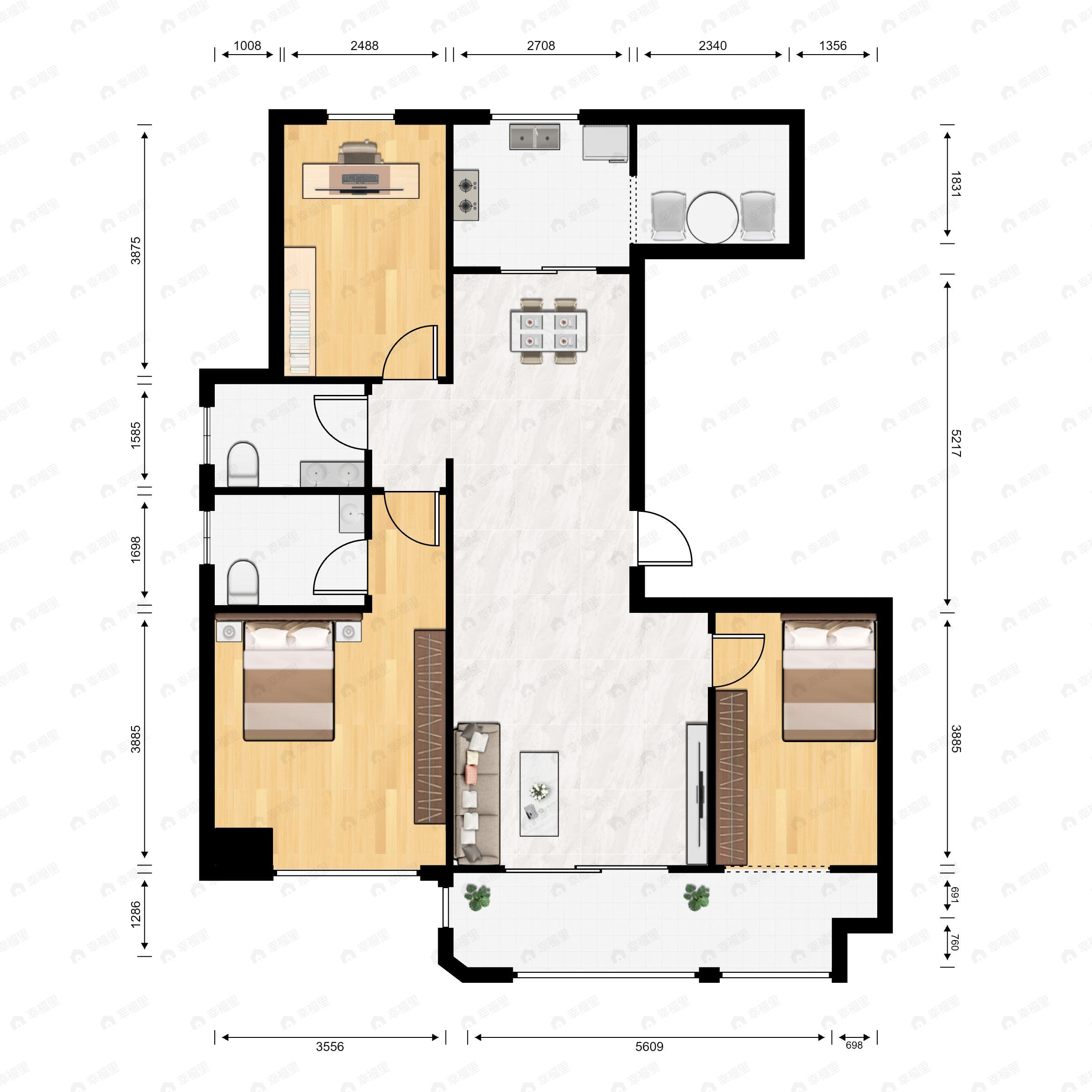 3室2厅2卫建面104m²南户型图